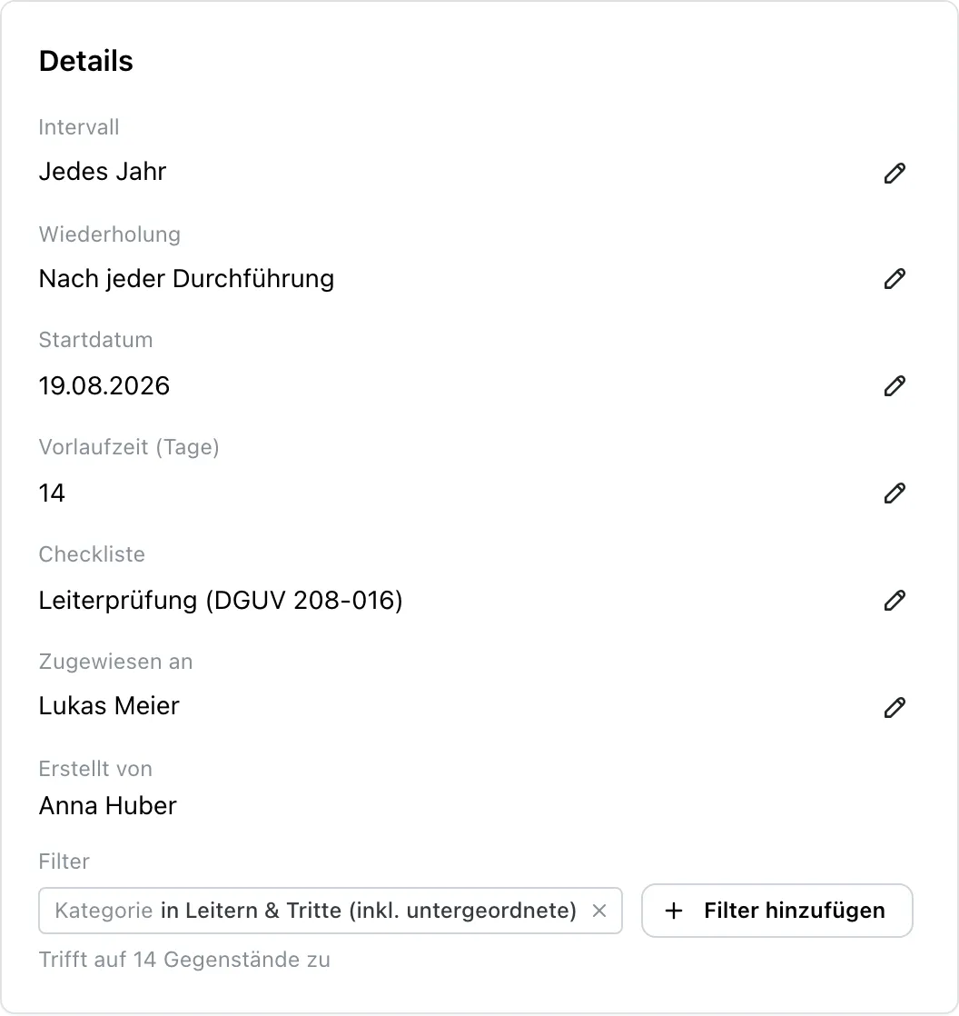 Ein Wartungsplan in Mango Inventory: Intervall, Wiederholung, Startdatum, Vorlaufzeit in Tagen, die hinterlegte Checkliste und die zugewiesene Person, darunter der Kategorie-Filter mit der Zeile, auf wie viele Gegenstände der Plan zutrifft.