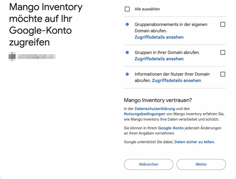 Die Zustimmungsseite von Google mit den angeforderten Leseberechtigungen für Gruppen, Gruppenmitglieder und Benutzer