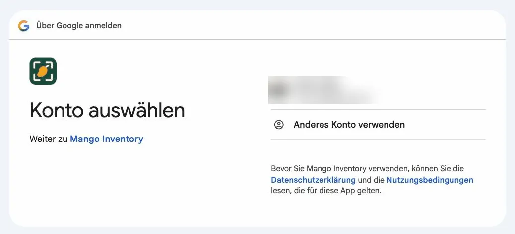 Die Kontoauswahl von Google: «Konto auswählen», «Weiter zu Mango Inventory», ein Konto zur Auswahl und «Anderes Konto verwenden»