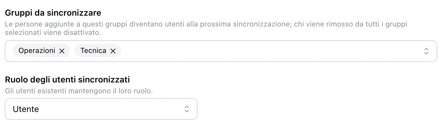 Il riquadro con i gruppi selezionati e la scelta «Ruolo degli utenti sincronizzati»