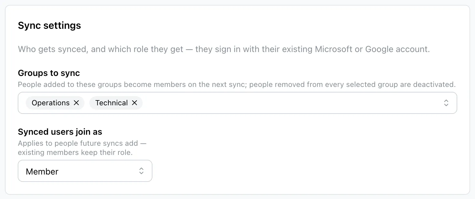 The "Sync settings" card with selected groups and the "Synced users join as" picker