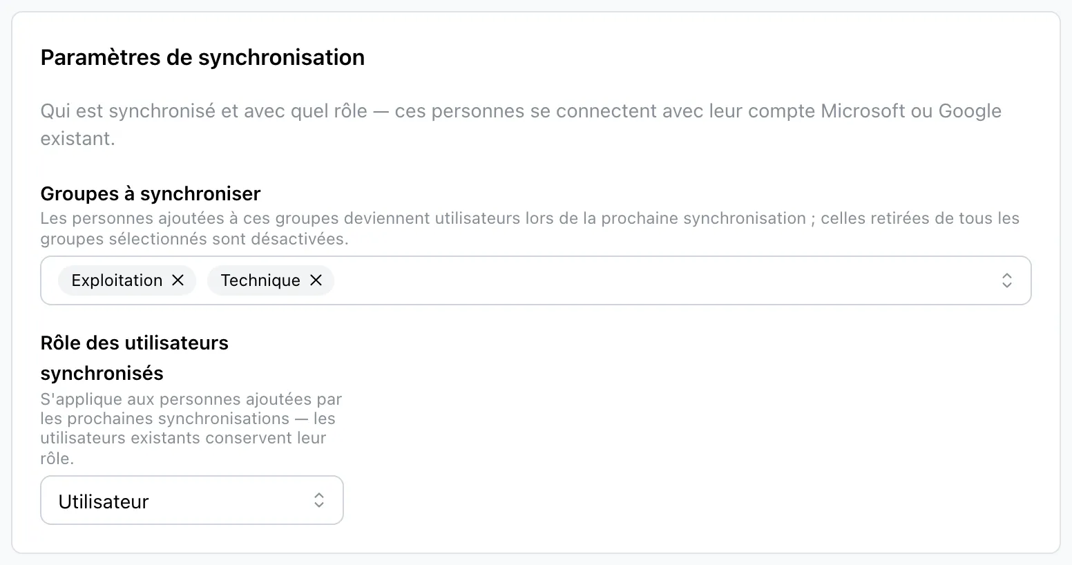 La carte « Paramètres de synchronisation » avec les groupes sélectionnés et le sélecteur « Rôle des utilisateurs synchronisés »