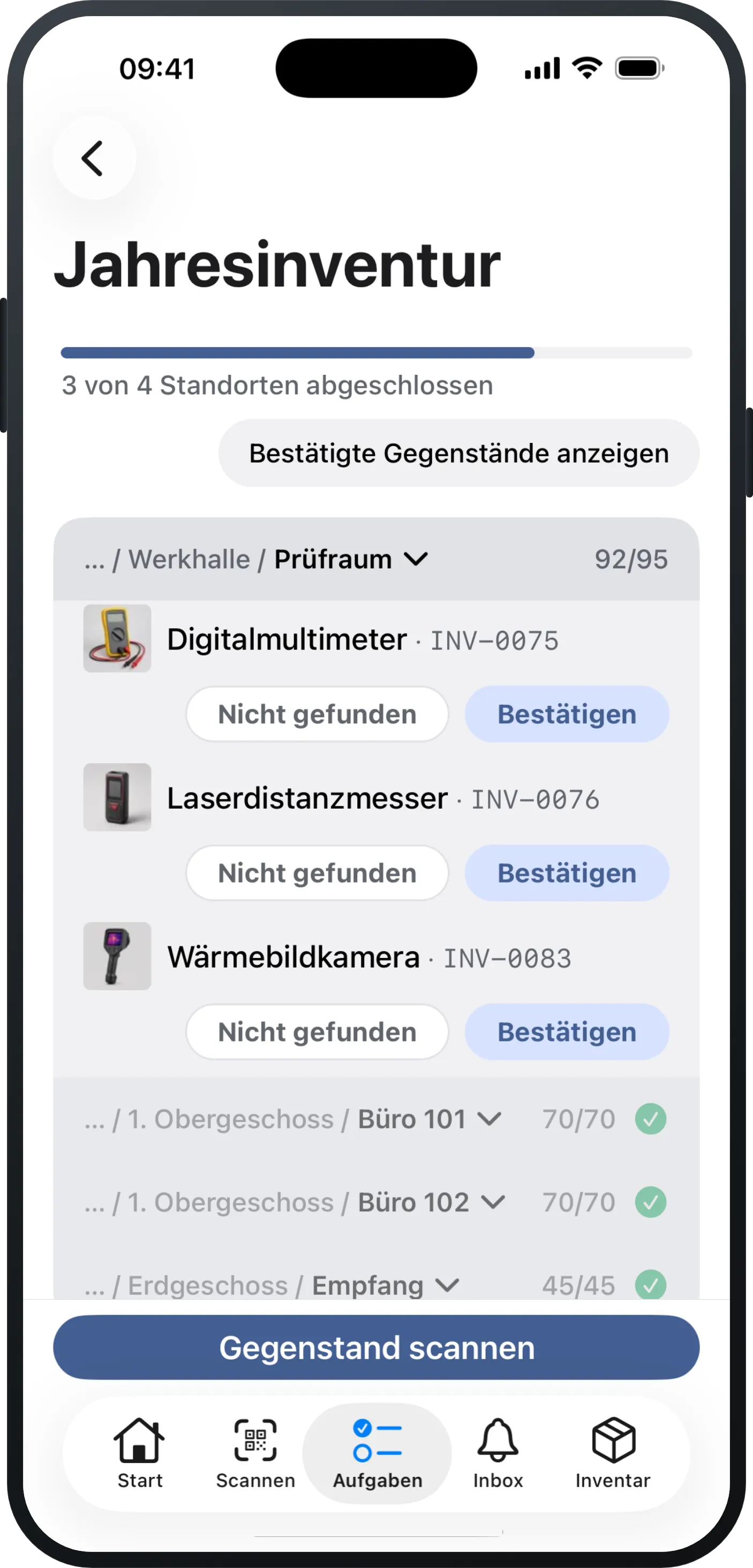 Inventur auf dem iPhone: die offene Zählung mit Fortschrittsbalken, der Standortzeile des aktuellen Raums und pro Gegenstand den Schaltflächen «Nicht gefunden» und «Bestätigen», darunter «Gegenstand scannen».