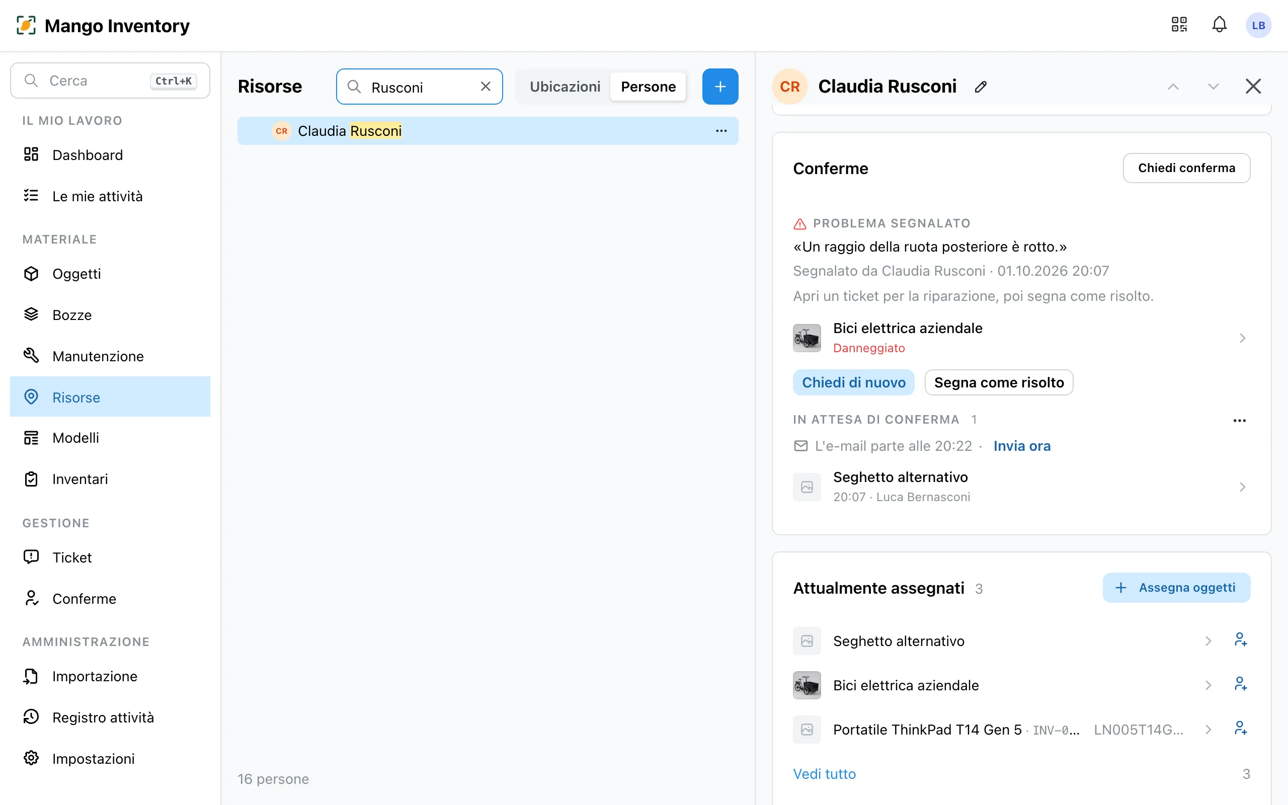 Il riquadro «Conferme» nella pagina di una persona: un problema segnalato per un oggetto danneggiato, con «Chiedi di nuovo» e «Segna come risolto», e sotto una richiesta in attesa di conferma con «Invia ora»
