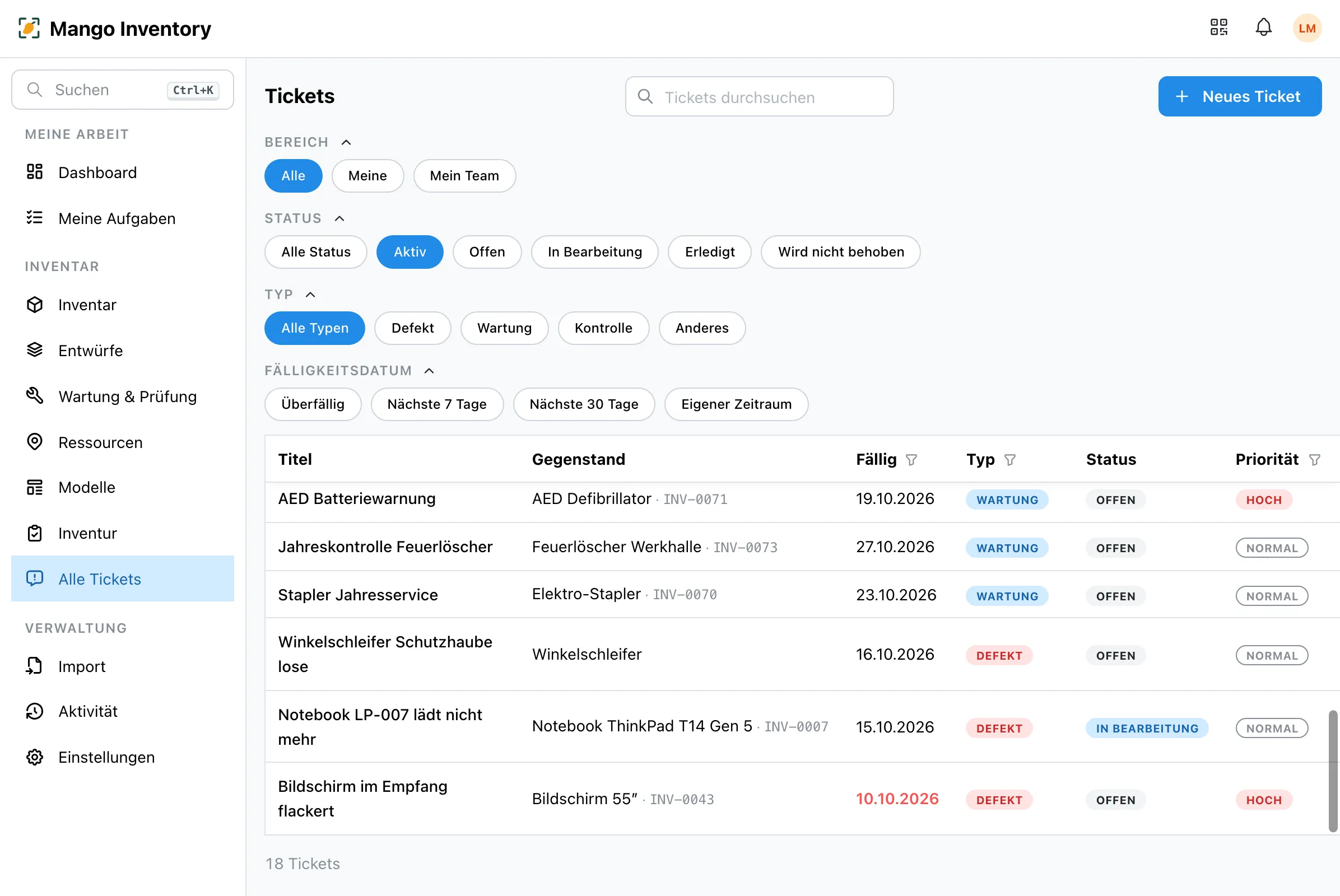 Tickets-Tabelle mit Bereichs-, Status-, Typ- und Fälligkeitsfiltern