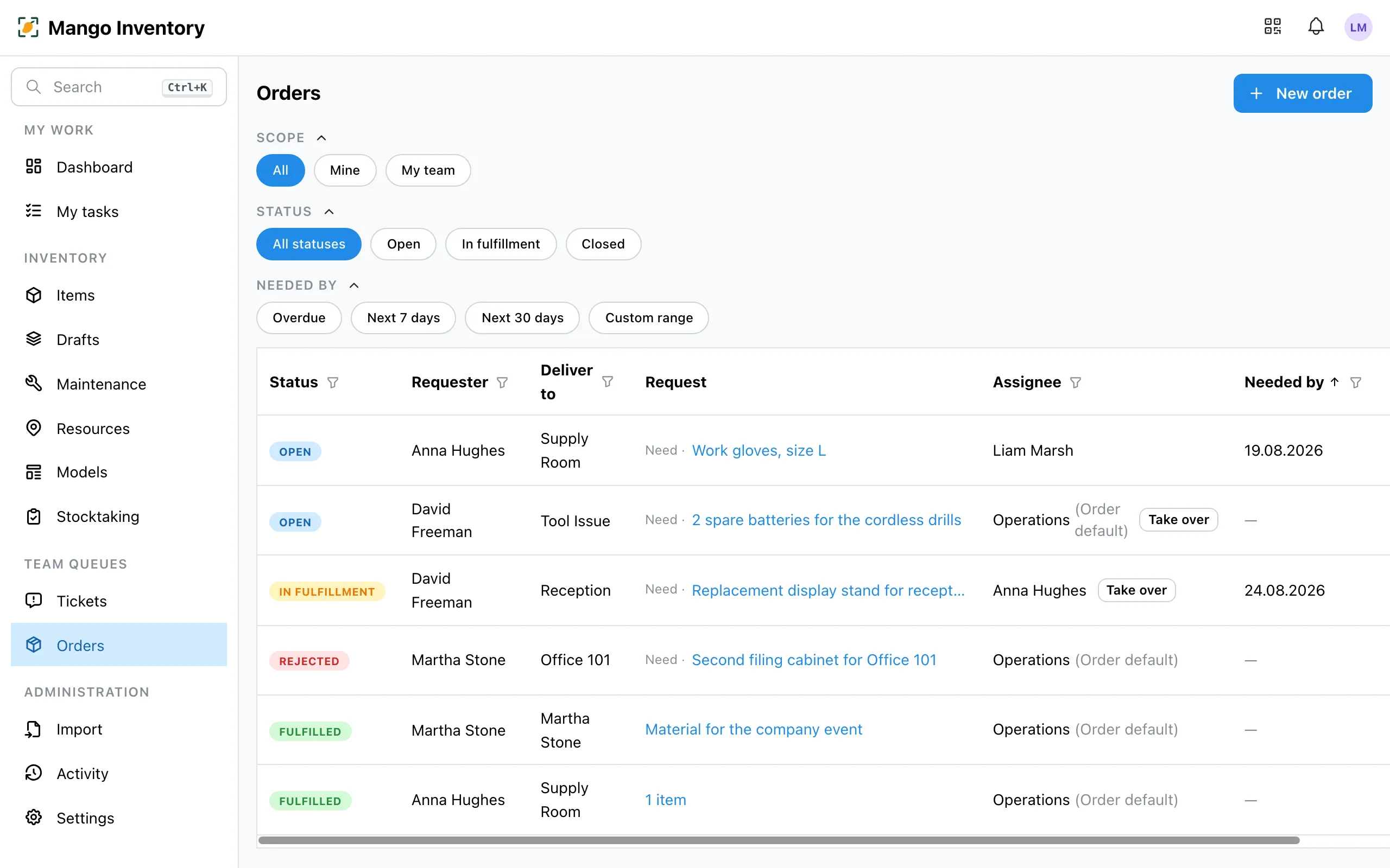 Orders list with quick filters for status and "Needed by"