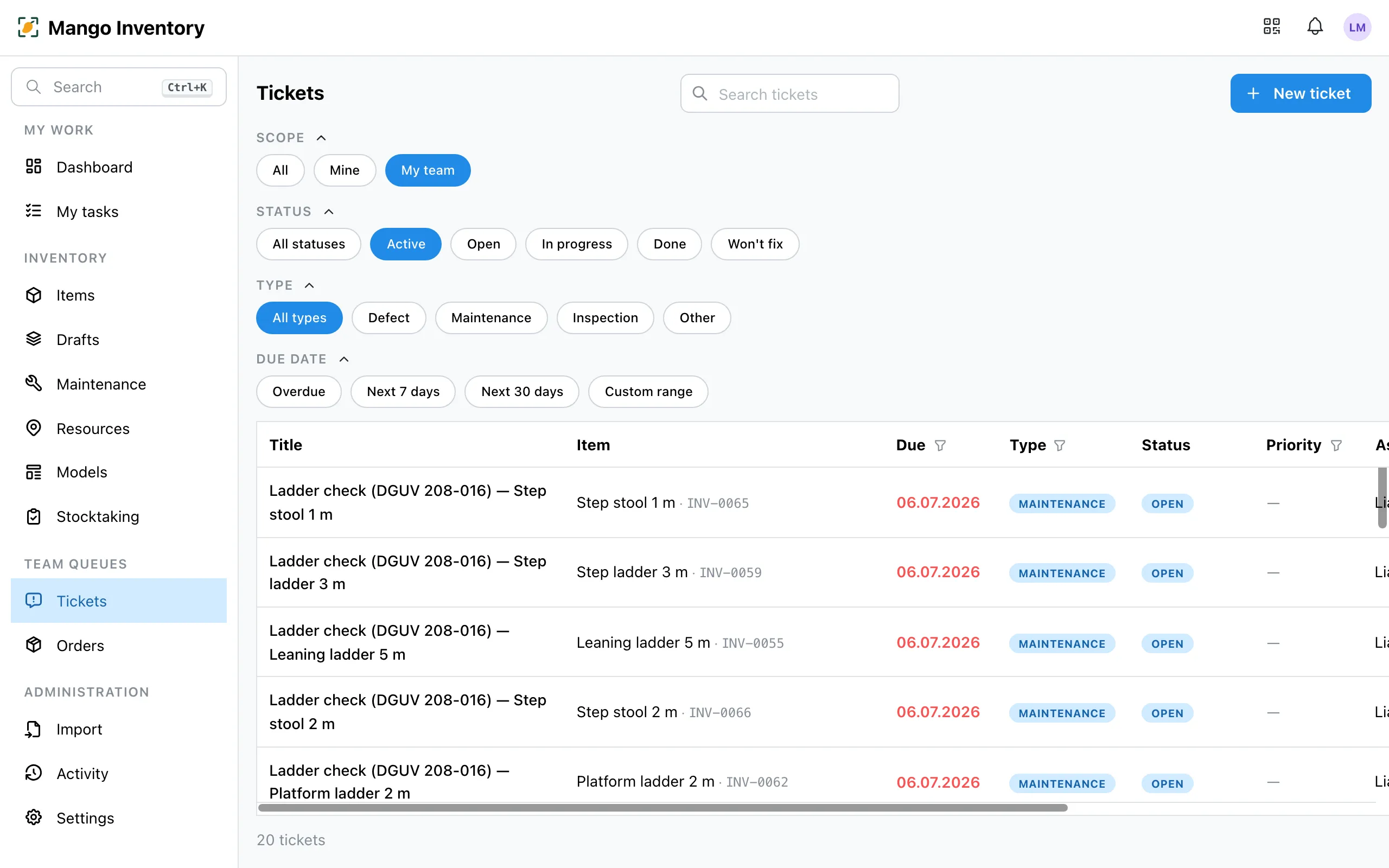 Tickets table with scope, status, type and due-date filters