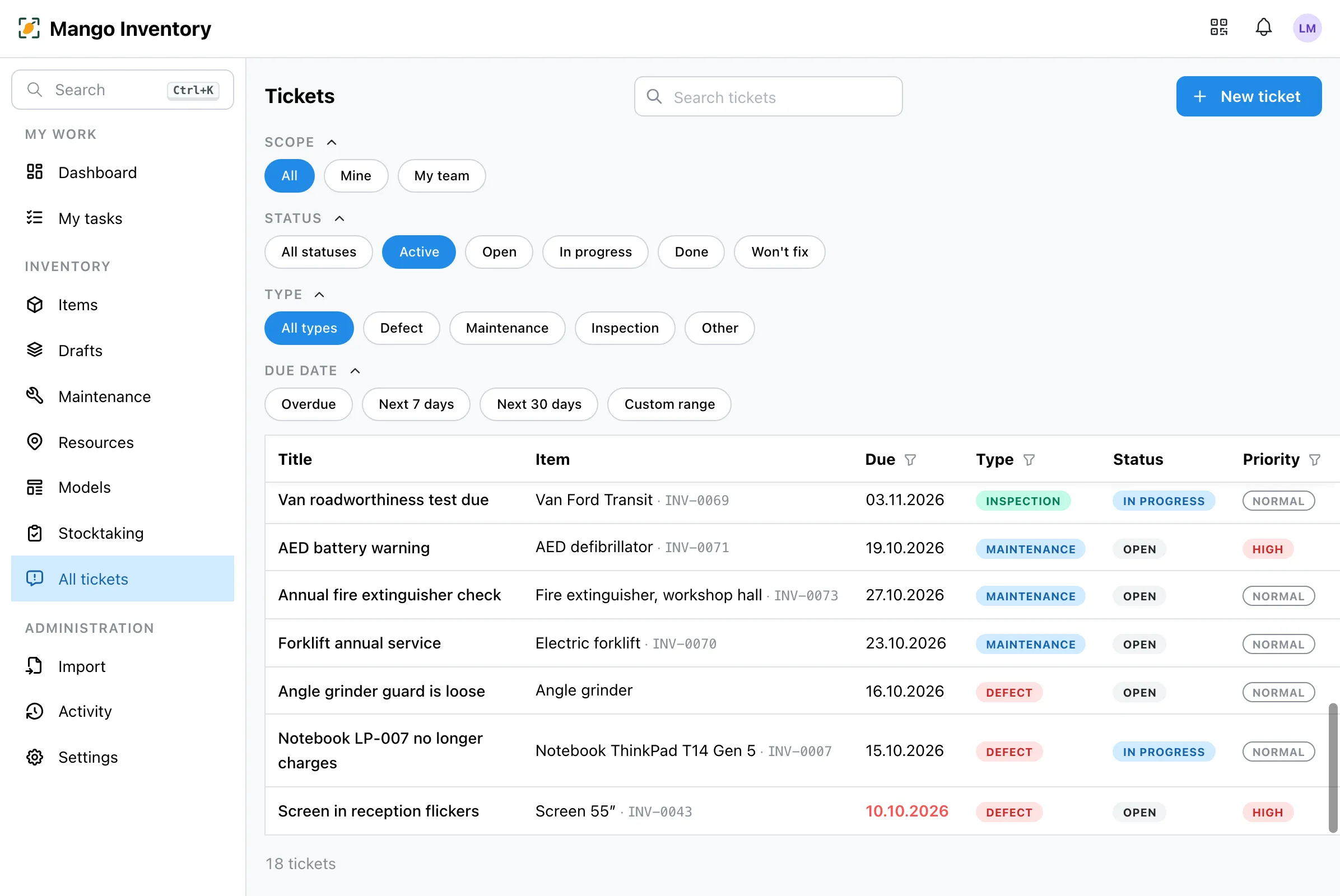 Tickets table with scope, status, type and due-date filters