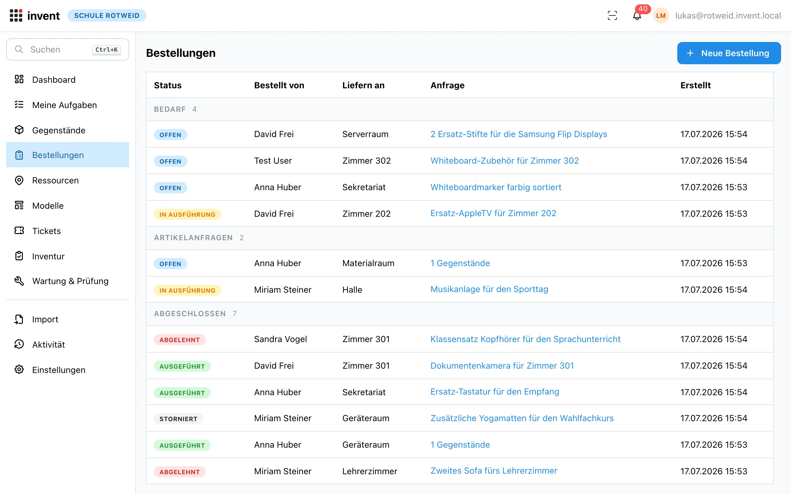 Bestellliste mit Status-Gruppen