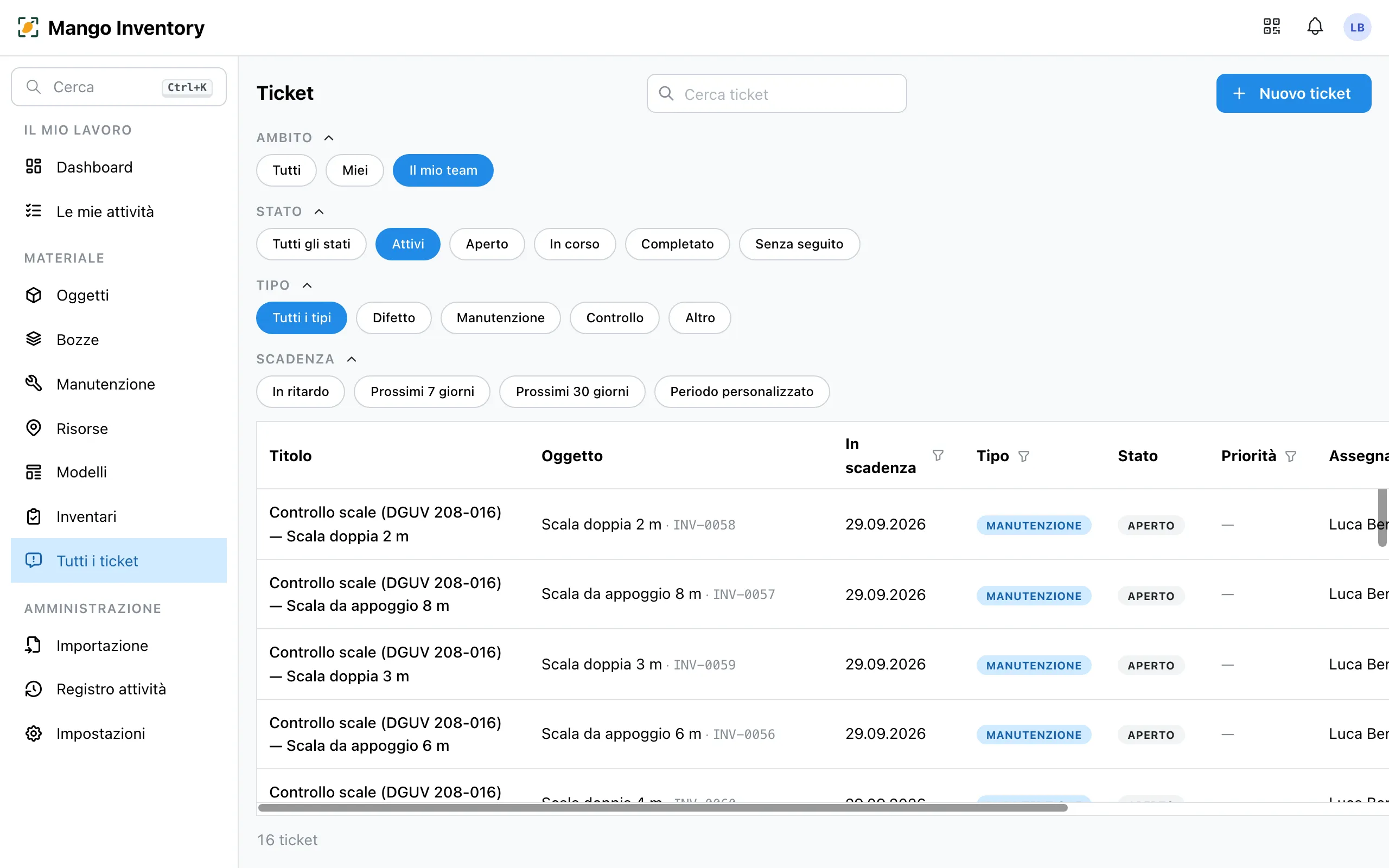 Tabella dei ticket con i filtri per ambito, stato, tipo e scadenza