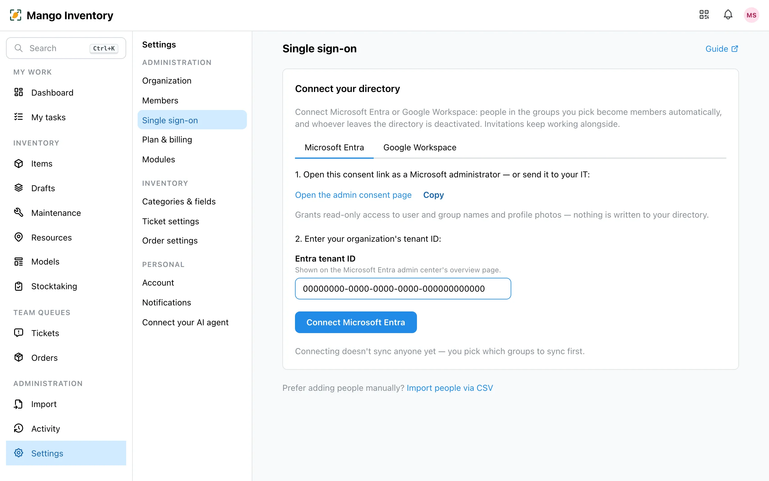 The filled "Entra tenant ID" field and the "Connect Microsoft Entra" button