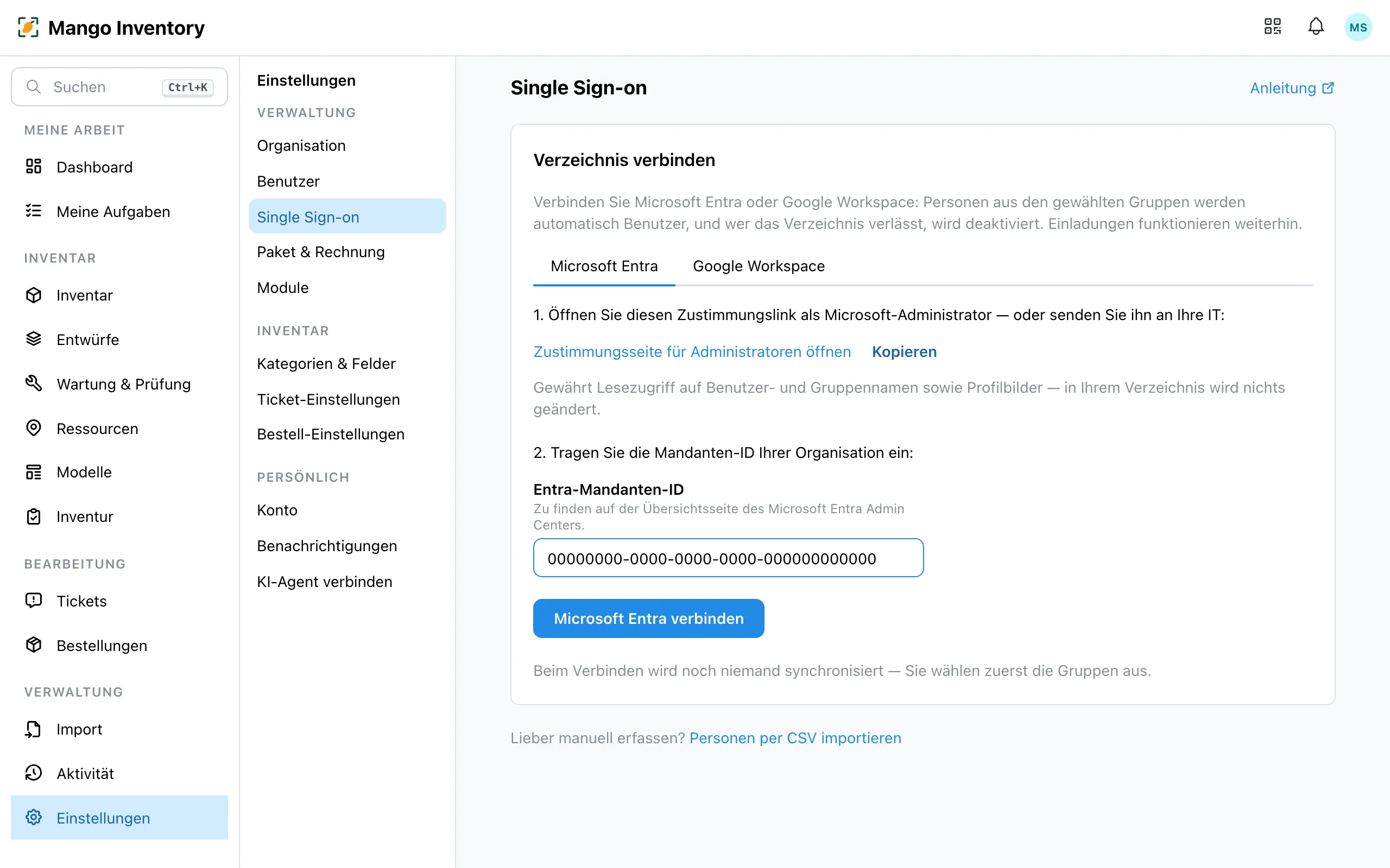 Das ausgefüllte Feld «Entra-Mandanten-ID» und die Schaltfläche «Microsoft Entra verbinden»