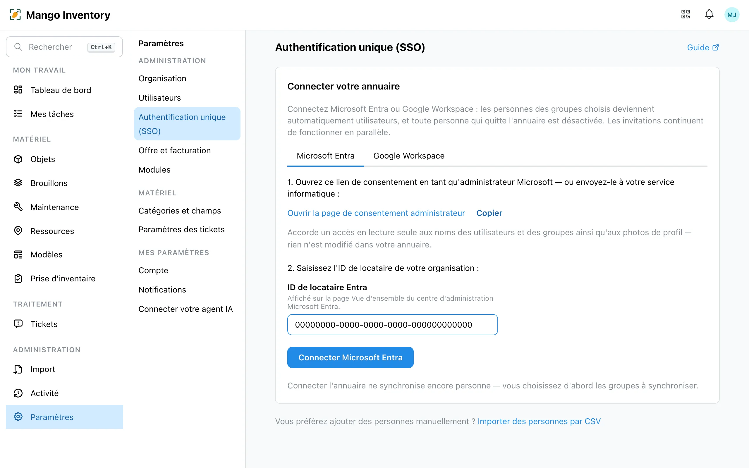 Le champ « ID de locataire Entra » rempli et le bouton « Connecter Microsoft Entra »