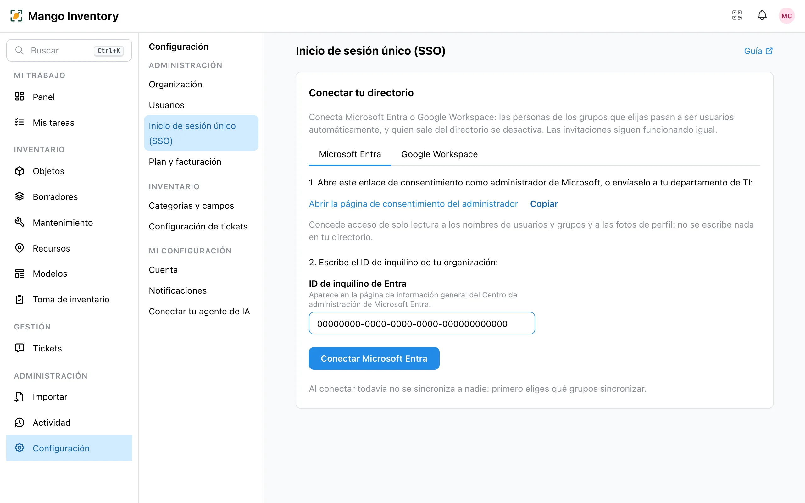 El campo «ID de inquilino de Entra» completado y el botón «Conectar Microsoft Entra»