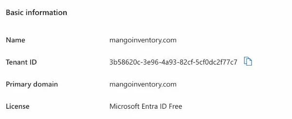 The overview page in the Microsoft Entra admin center, cropped to the "Tenant ID" row and its copy icon