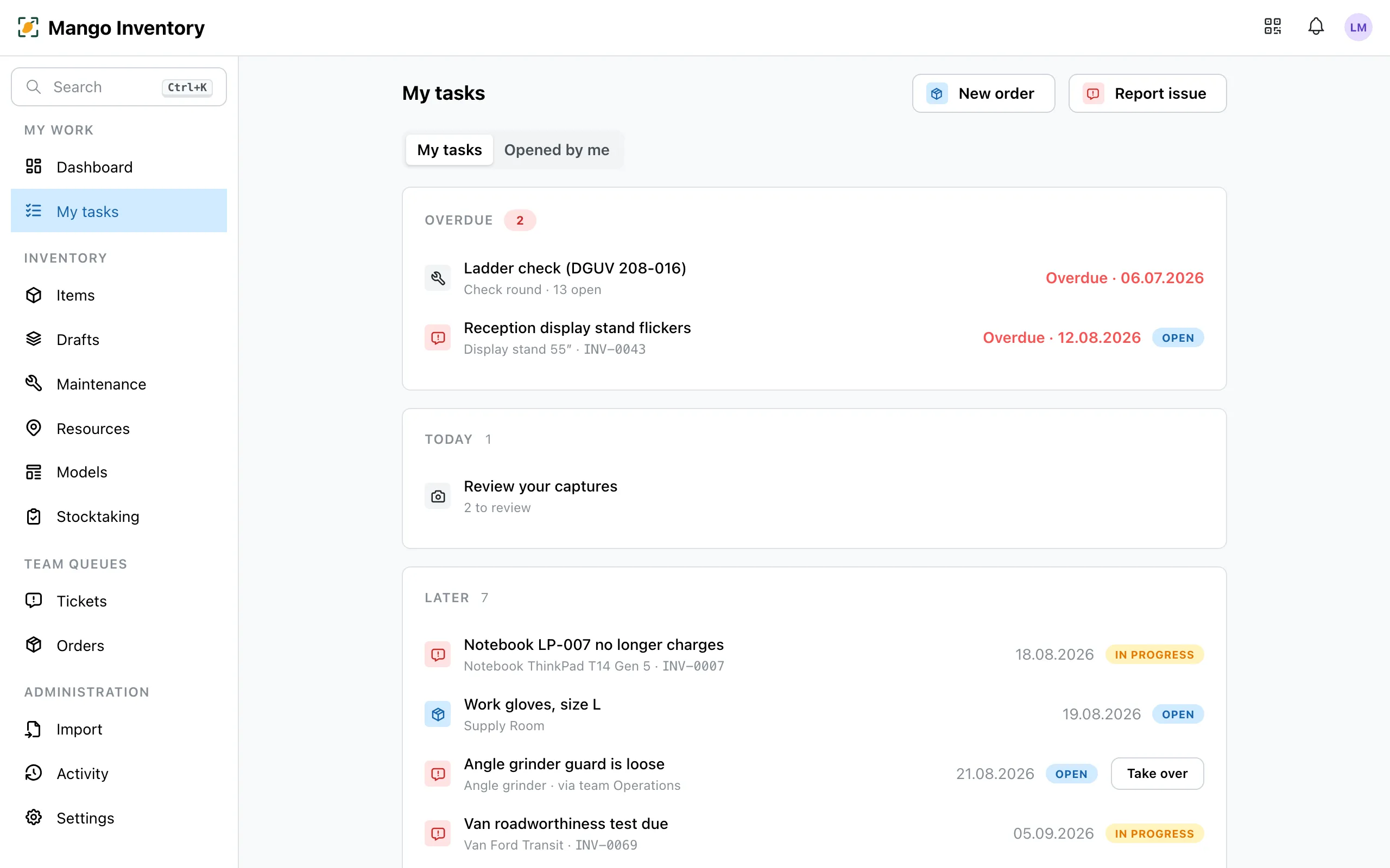 My tasks grouped by due date — overdue first, including rows marked "via team …" with "Take over"