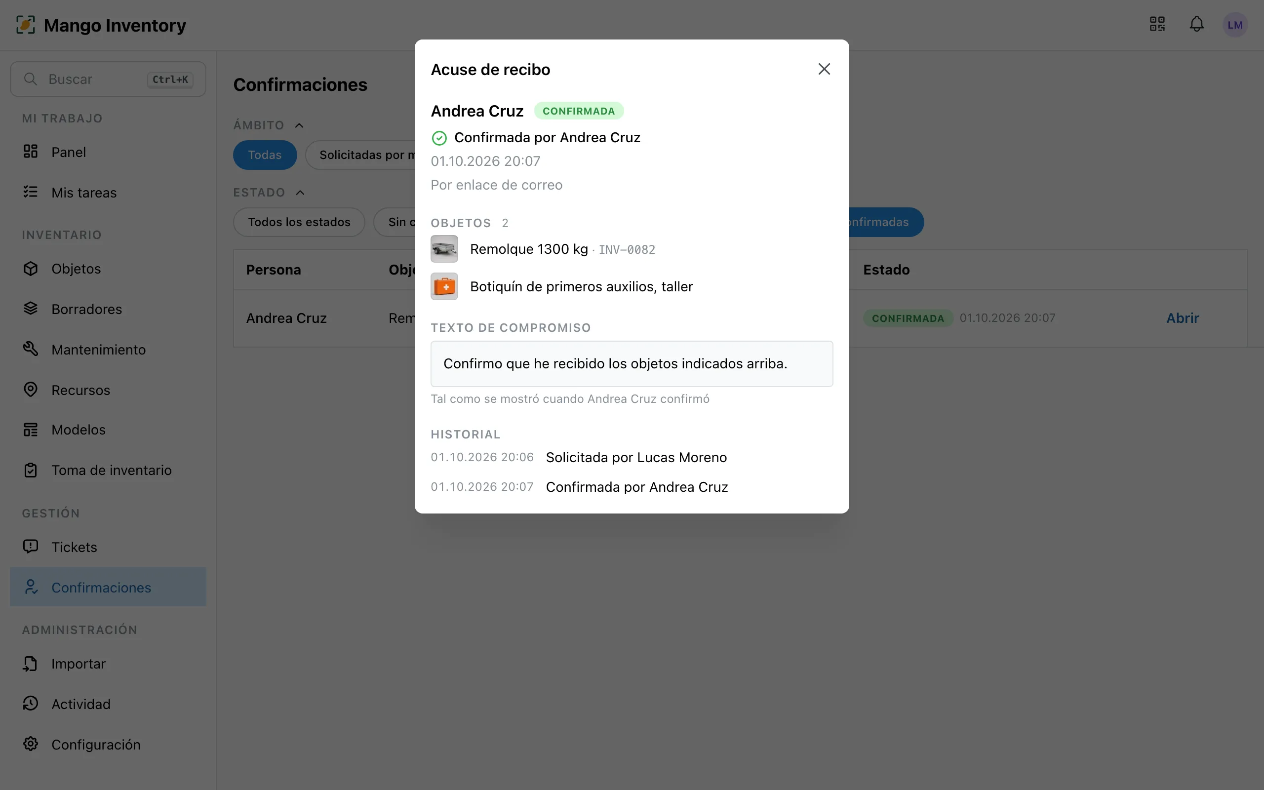 El acuse de recibo de una persona: su confirmación con fecha y hora, los objetos confirmados, el texto de compromiso y el historial