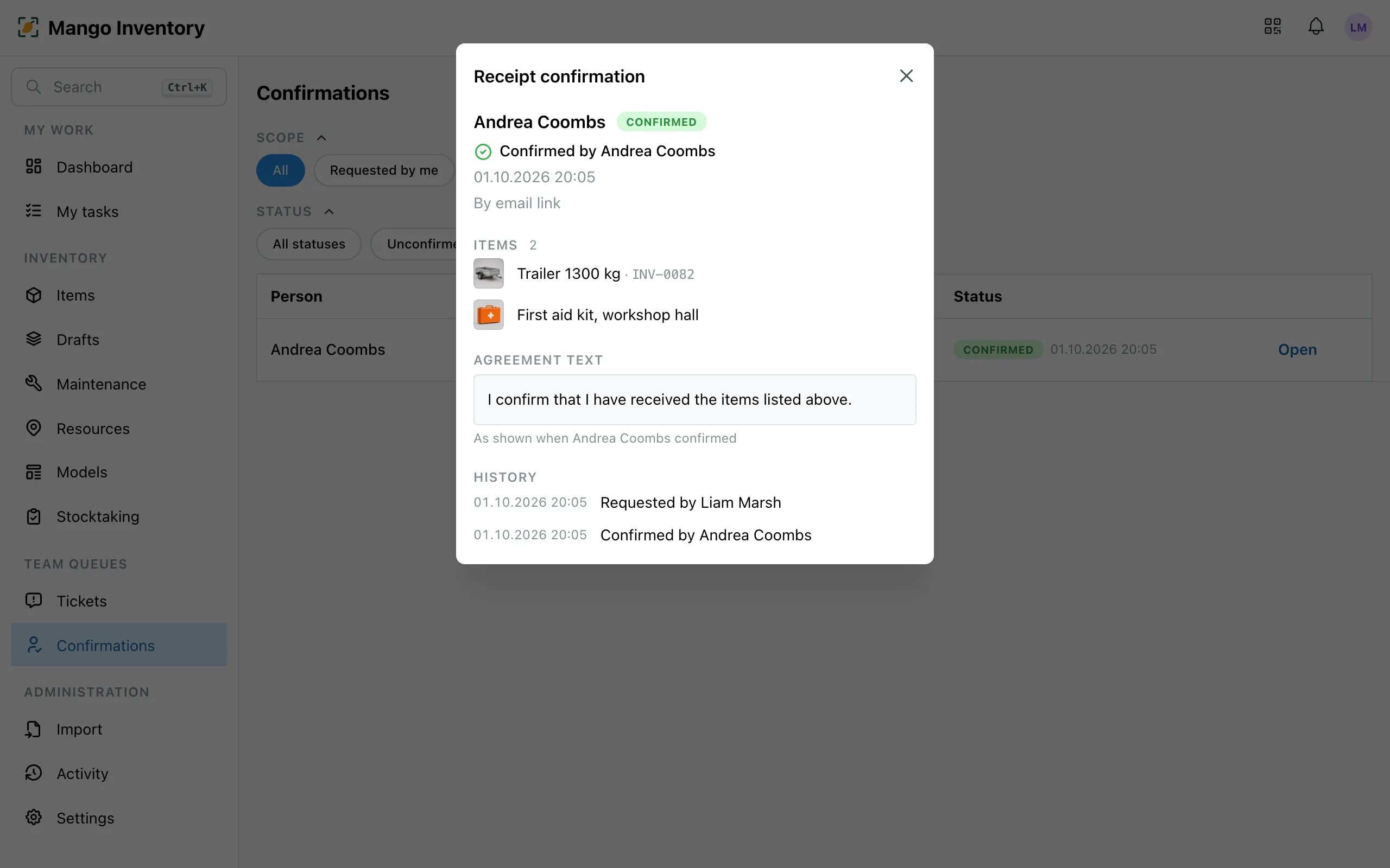 A person's receipt confirmation: confirmed by her with date and time, the confirmed items, the agreement text and the sequence