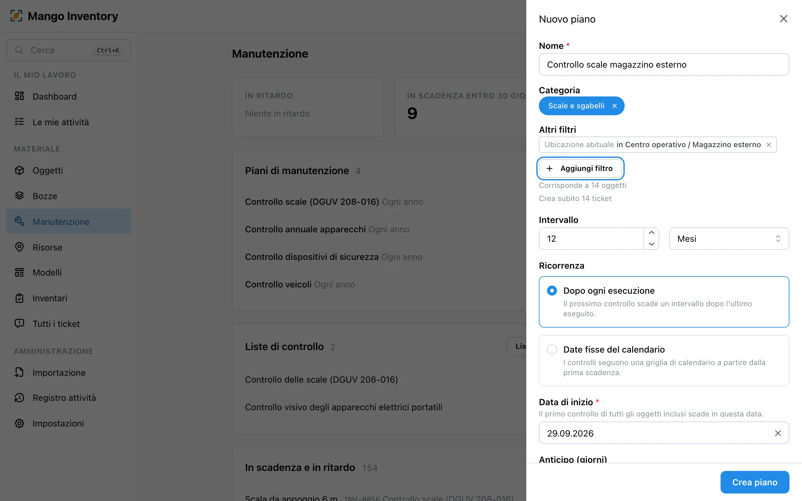Nuovo piano: i filtri per categoria e ubicazione con il numero di oggetti corrispondenti, intervallo, ricorrenza, data di inizio e anticipo