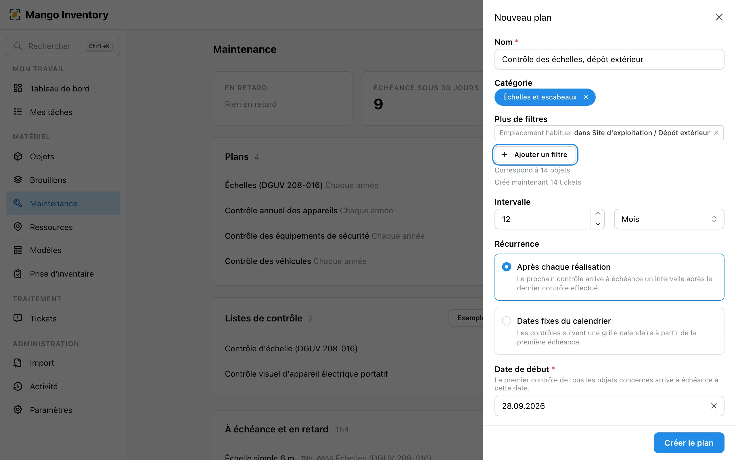 Nouveau plan de maintenance : les filtres de catégorie et d'emplacement avec le nombre d'objets concernés, l'intervalle, la récurrence, la date de début et le délai d'anticipation