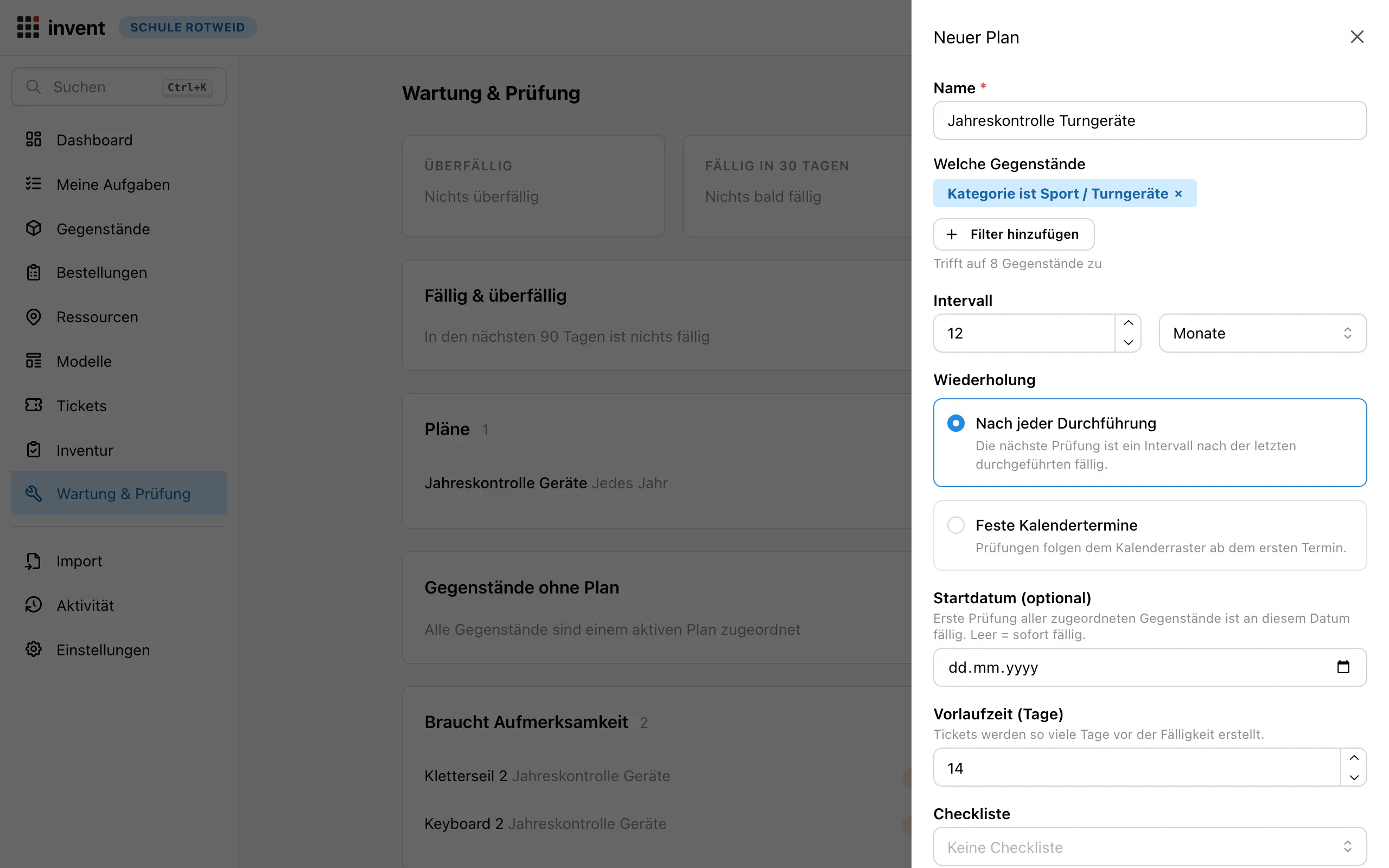 Neuer Wartungsplan: Filter, Wiederholung, Startdatum und Checkliste