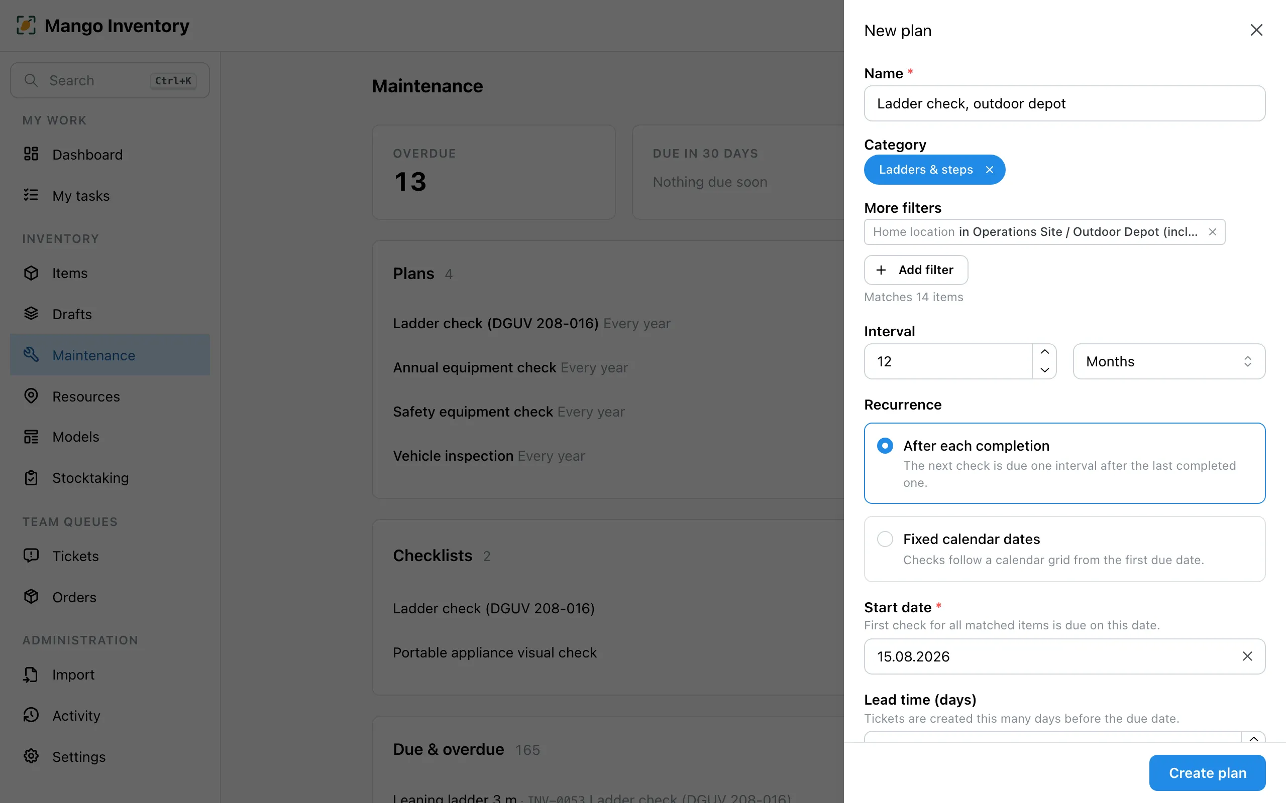 New maintenance plan: the category and location filters with their match count, interval, recurrence, start date and lead time