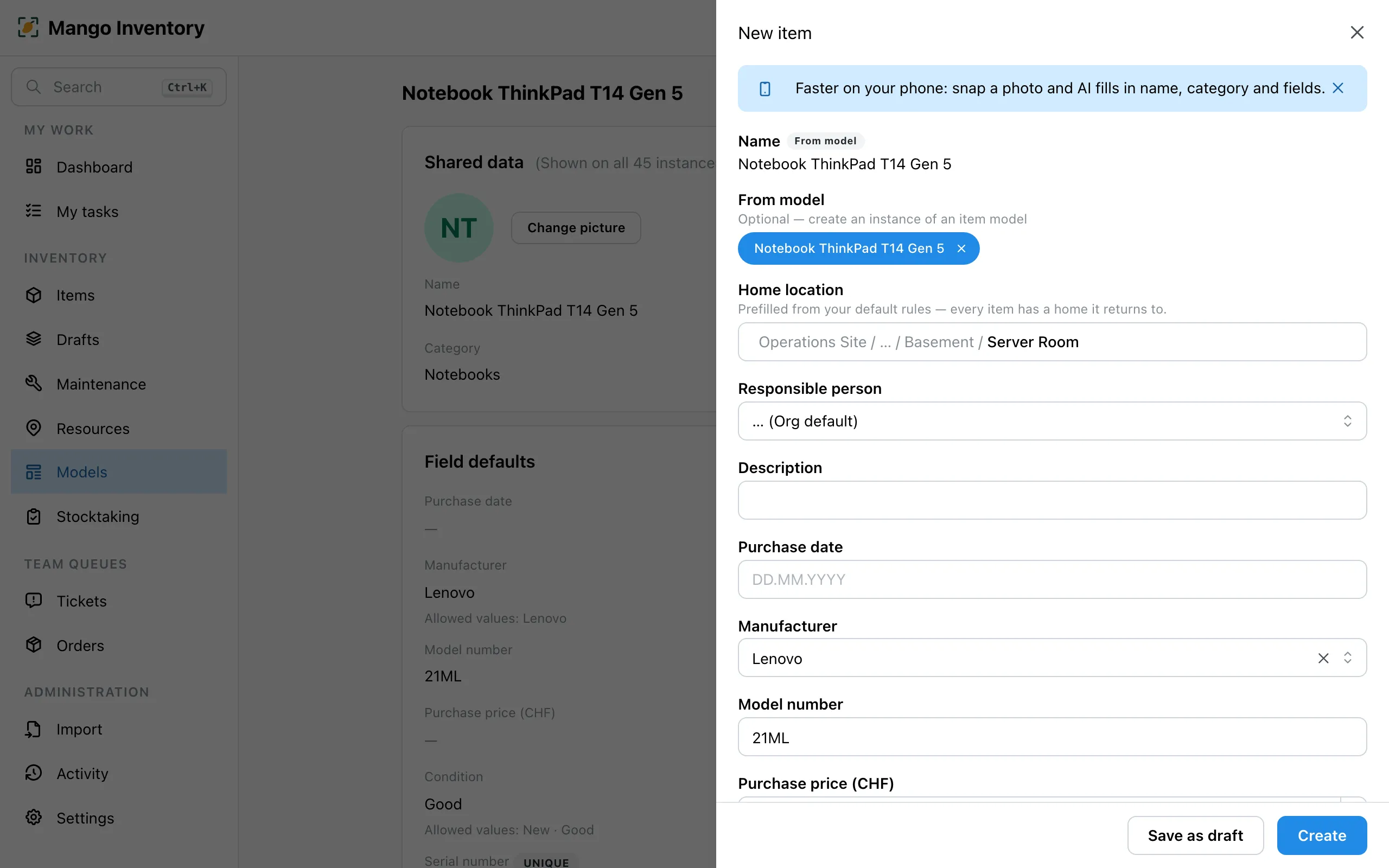 Capture form for a new unit with prefilled defaults