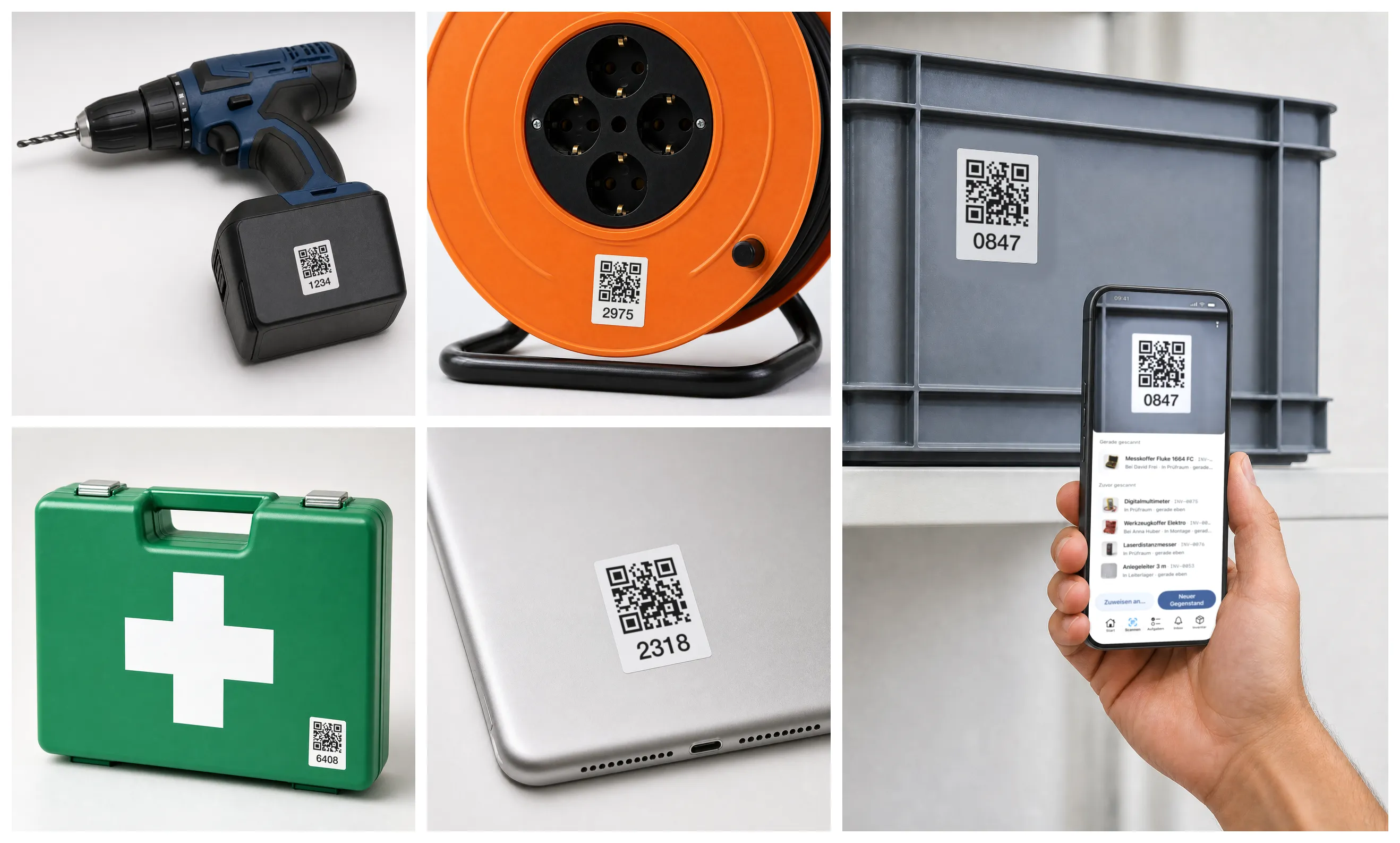 Collage: four items with QR labels and inventory numbers — a drill, a cable drum, a first-aid case and a tablet — next to them a hand scanning a label on a storage crate with a smartphone.