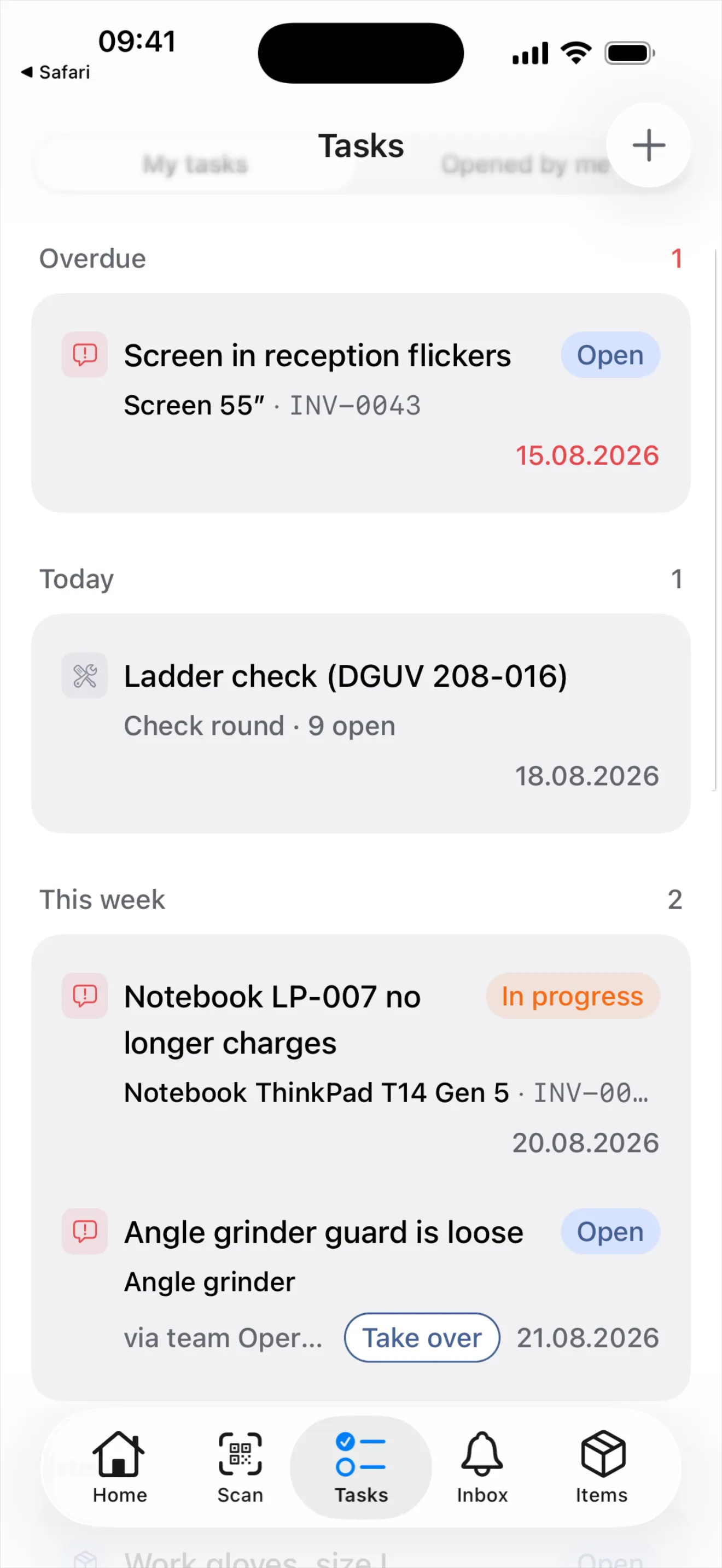 "Tasks" on the phone: under "Overdue", a single defect ticket with its date in red, and below it, under "Today", the aggregated row "Ladder check (DGUV 208-016) · Check round · 9 open" with the earliest due date