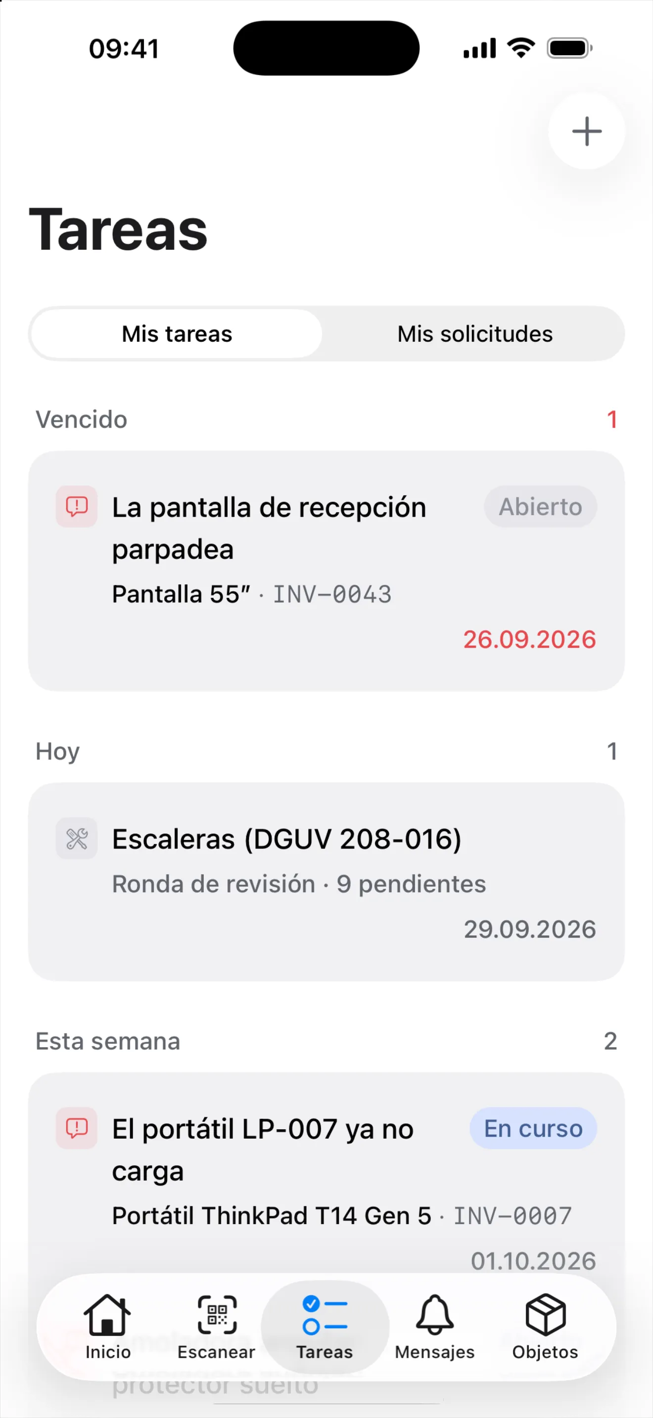 «Tareas» en el teléfono: en «Hoy», la fila combinada «Escaleras (DGUV 208-016) · Ronda de revisión · 9 pendientes»