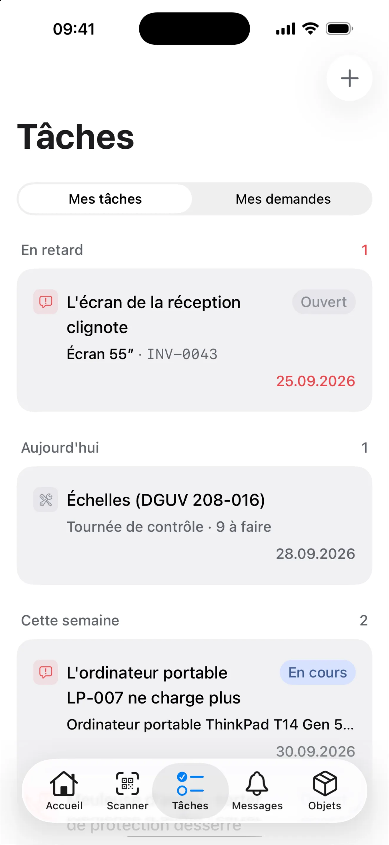 « Tâches » sur le téléphone : sous « Aujourd'hui », la ligne groupée « Échelles (DGUV 208-016) · Tournée de contrôle · 9 à faire »