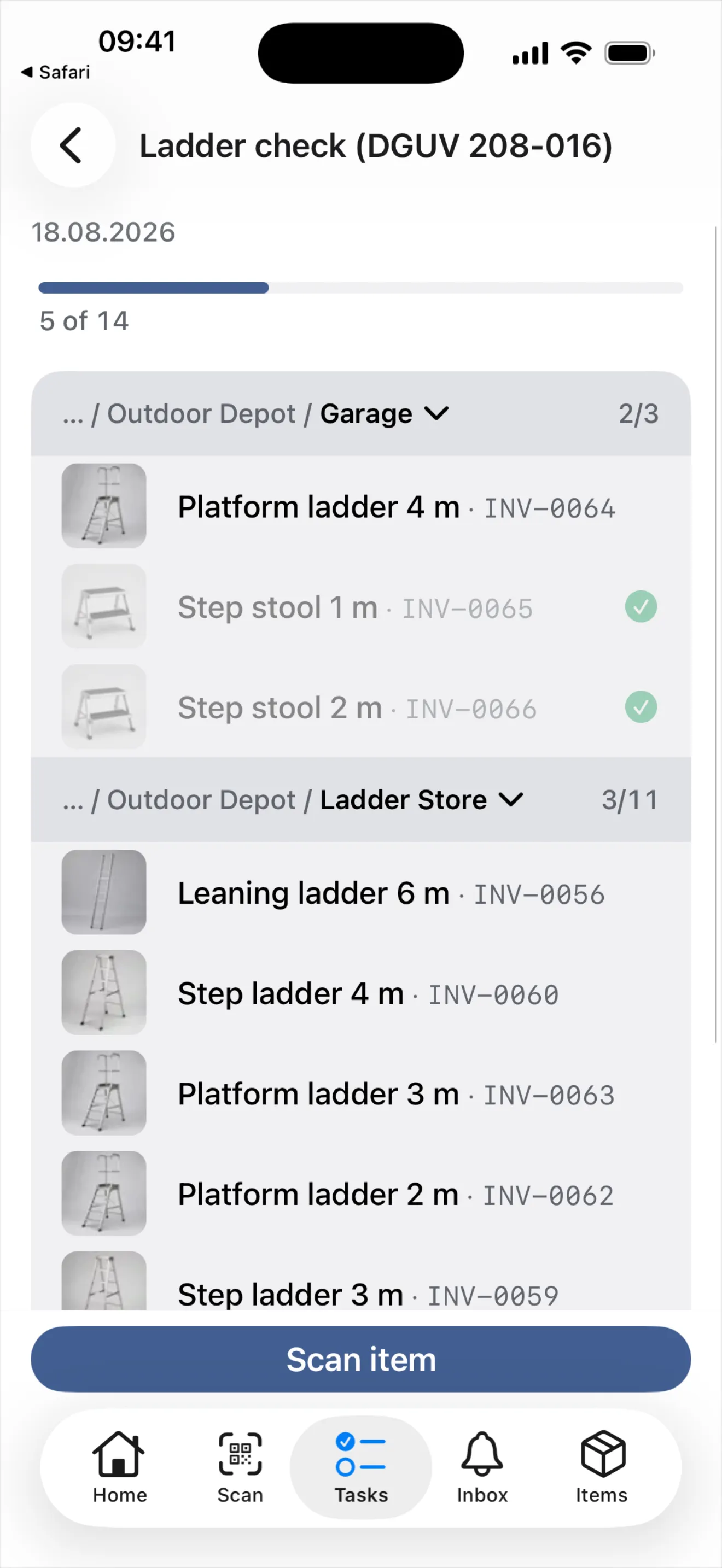 The "Ladder check (DGUV 208-016)" check round on the phone: the "5 of 14" progress bar, location bands — "… / Outdoor Depot / Garage 2/3" and "… / Outdoor Depot / Ladder Store 3/11" — with the ladders, their photos and barcodes, and the "Scan item" bar at the bottom