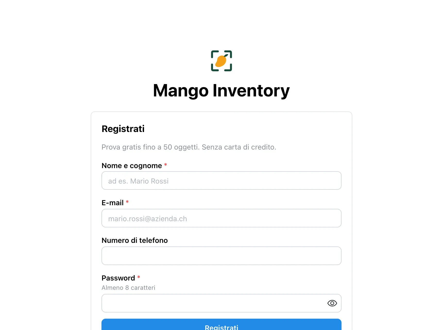 Pagina di registrazione