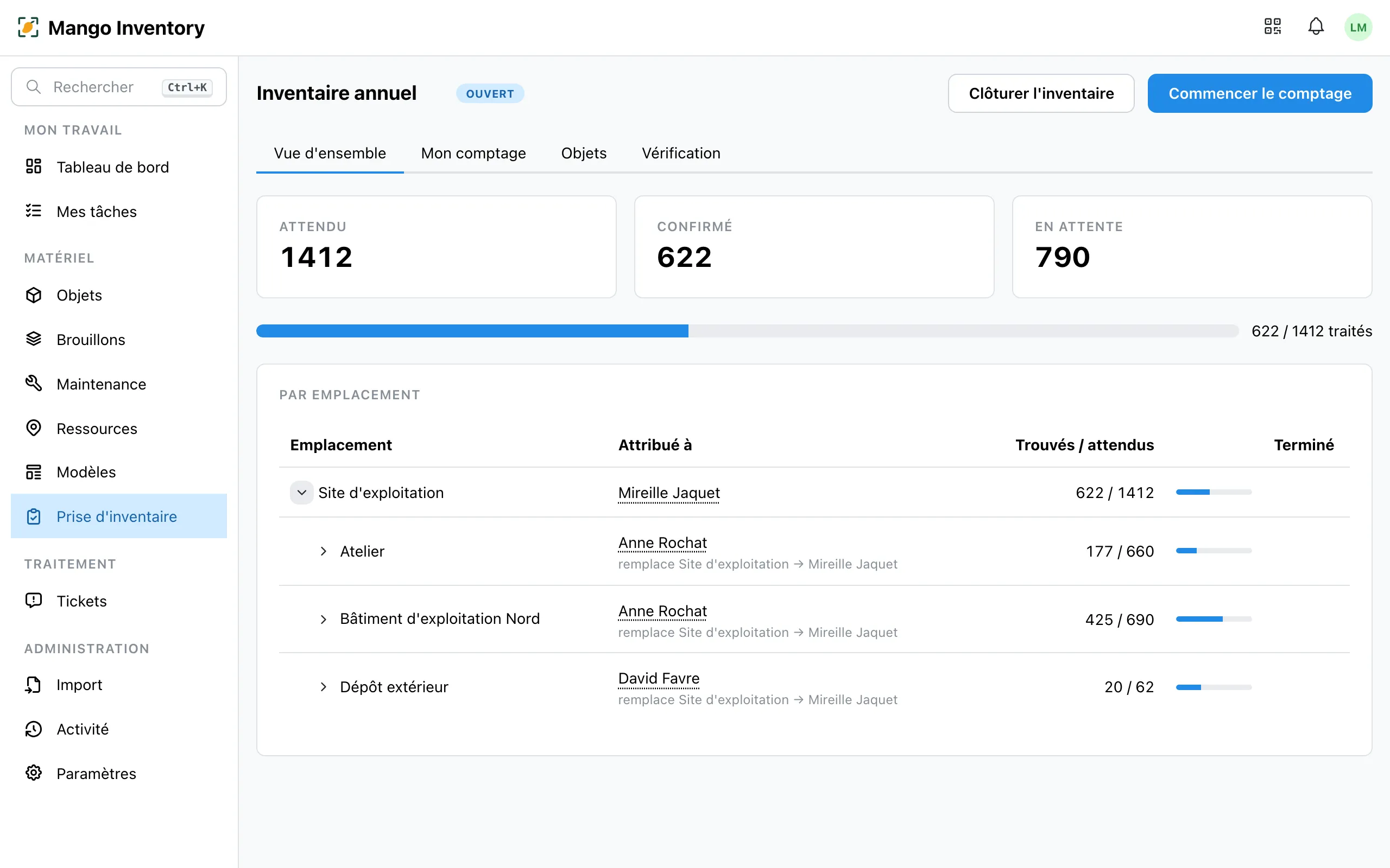 Inventaire avec les comptages