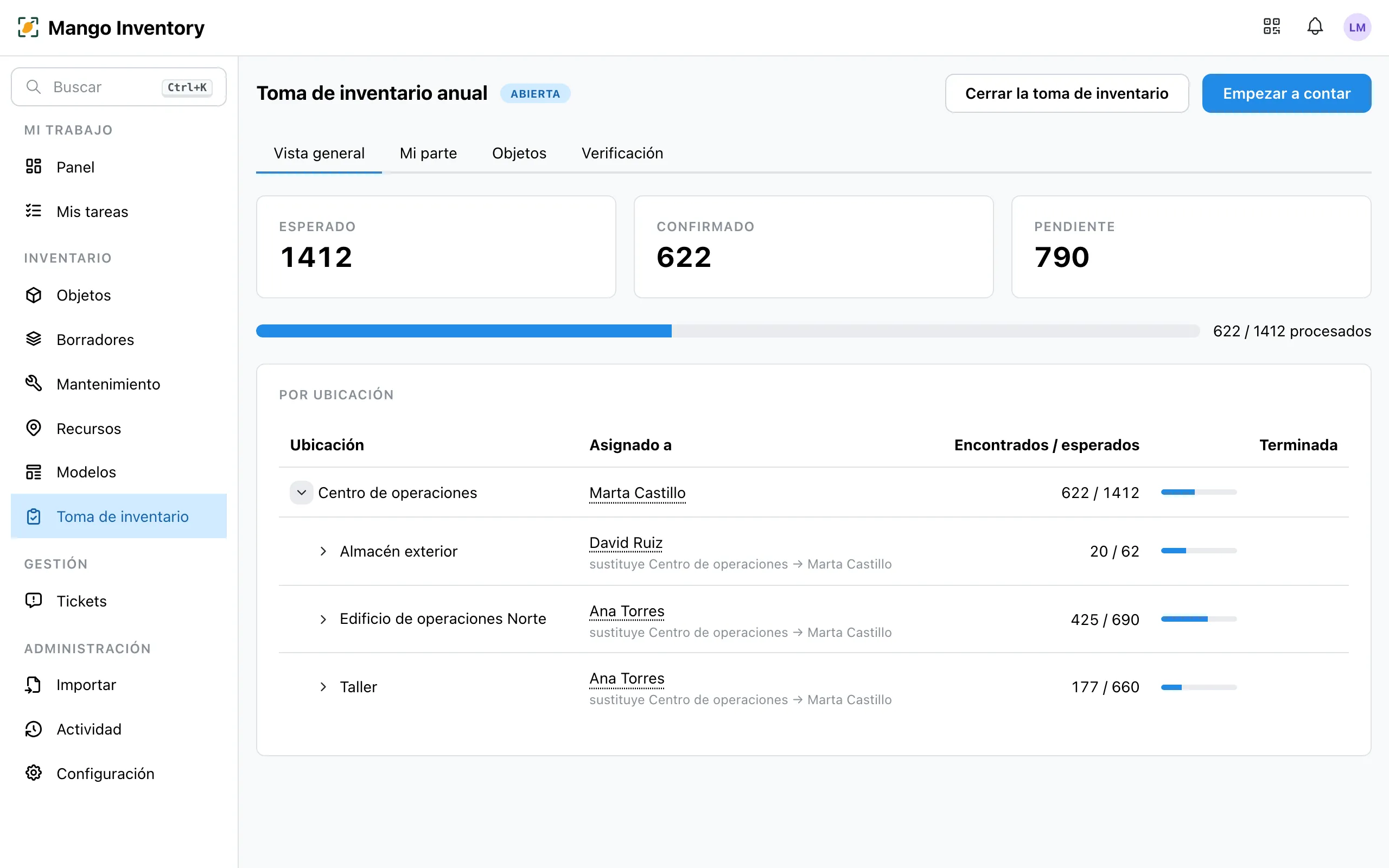 Toma de inventario con el avance por ubicación