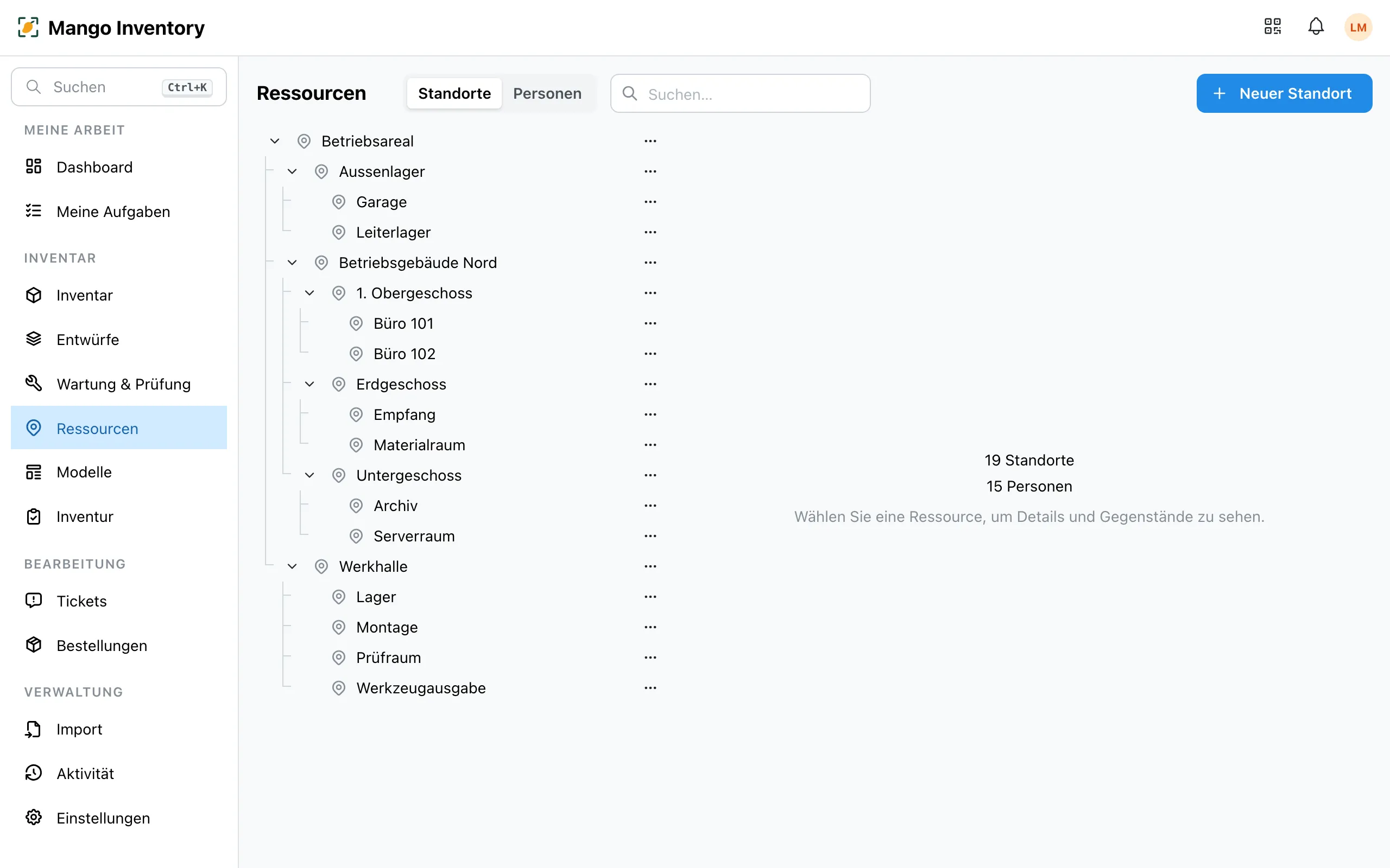 Ressourcen-Seite mit Standortbaum