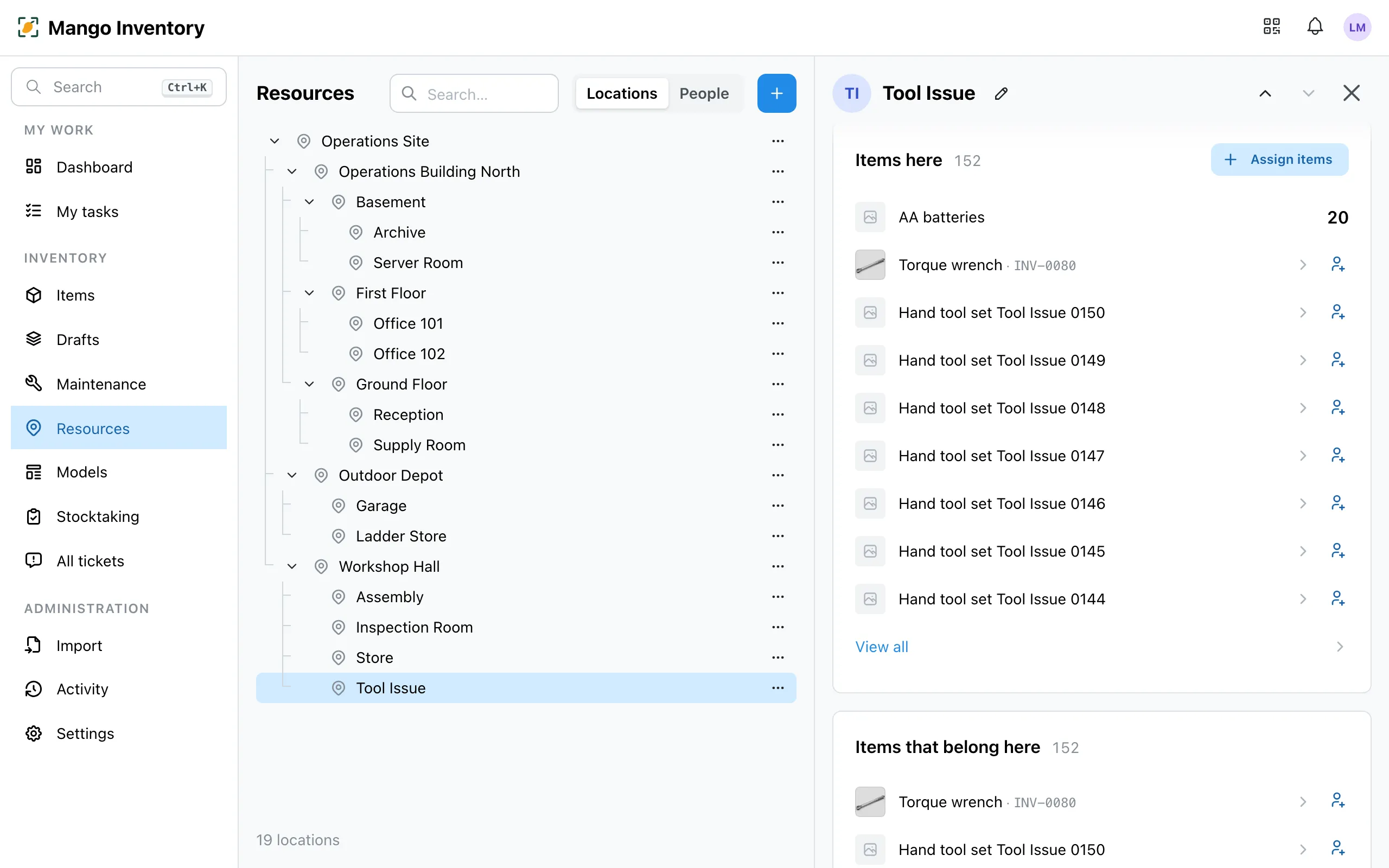 The Resources page with the location tree, and beside it the open room "Tool Issue" with its items and "Assign items"