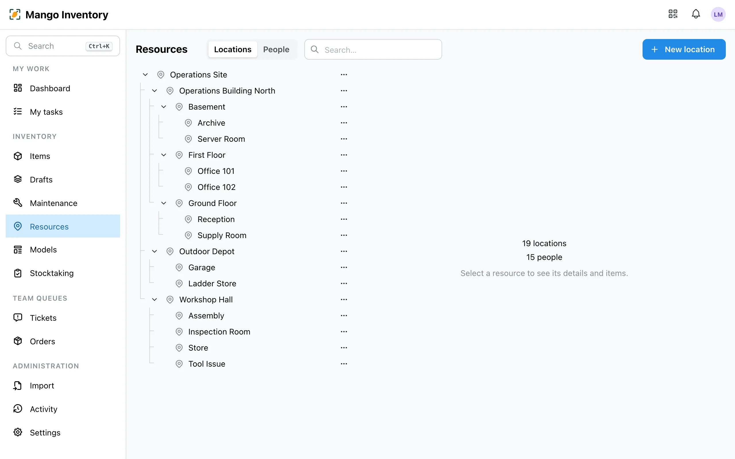 Resources page with location tree