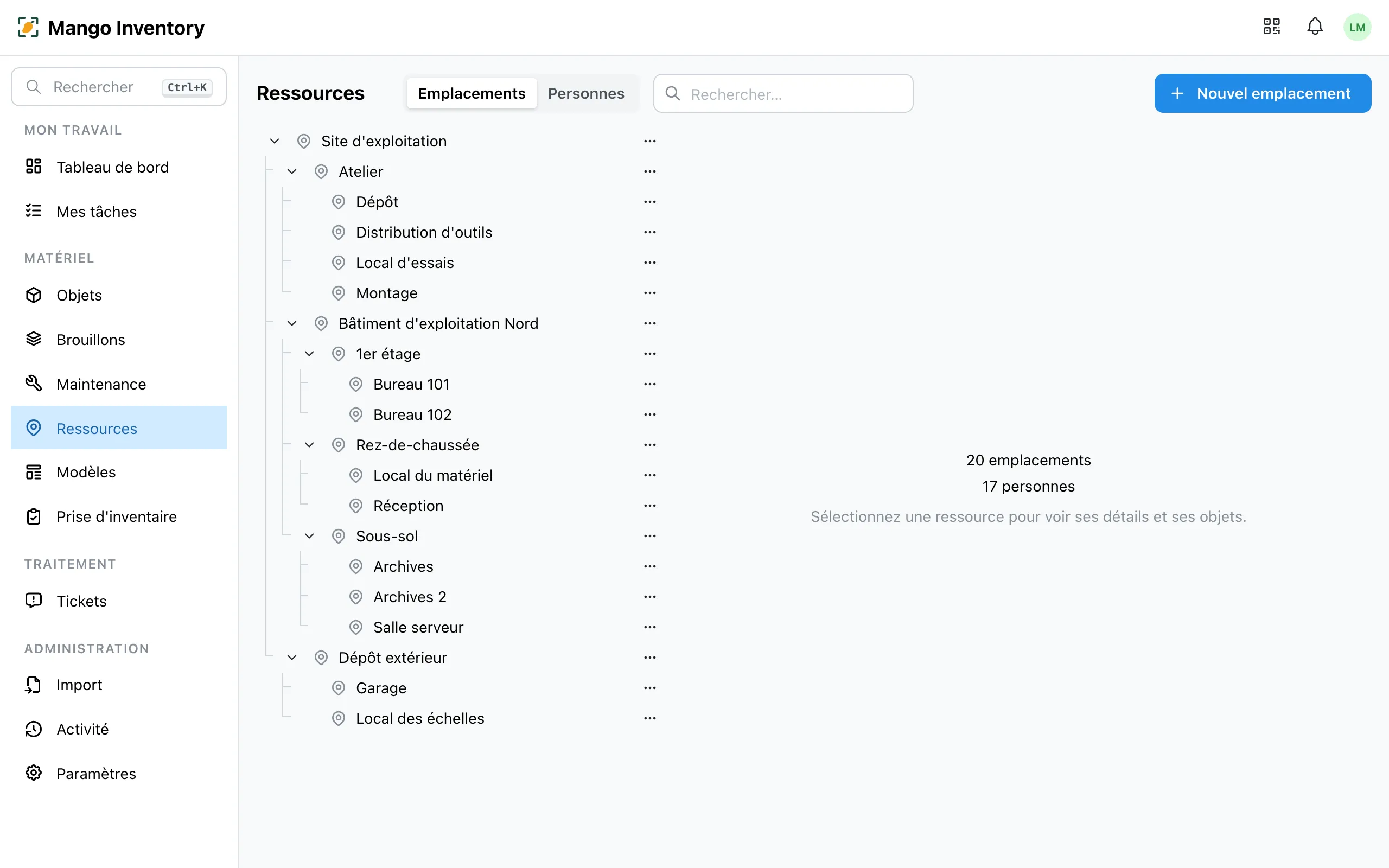 Page Ressources avec l'arborescence des emplacements