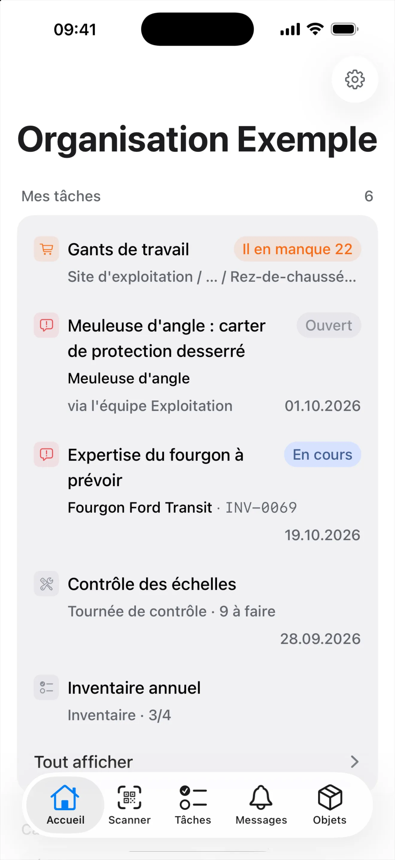 L'onglet « Accueil » de l'application mobile avec « Mes tâches » et la barre d'onglets Accueil, Scanner, Tâches, Messages, Objets