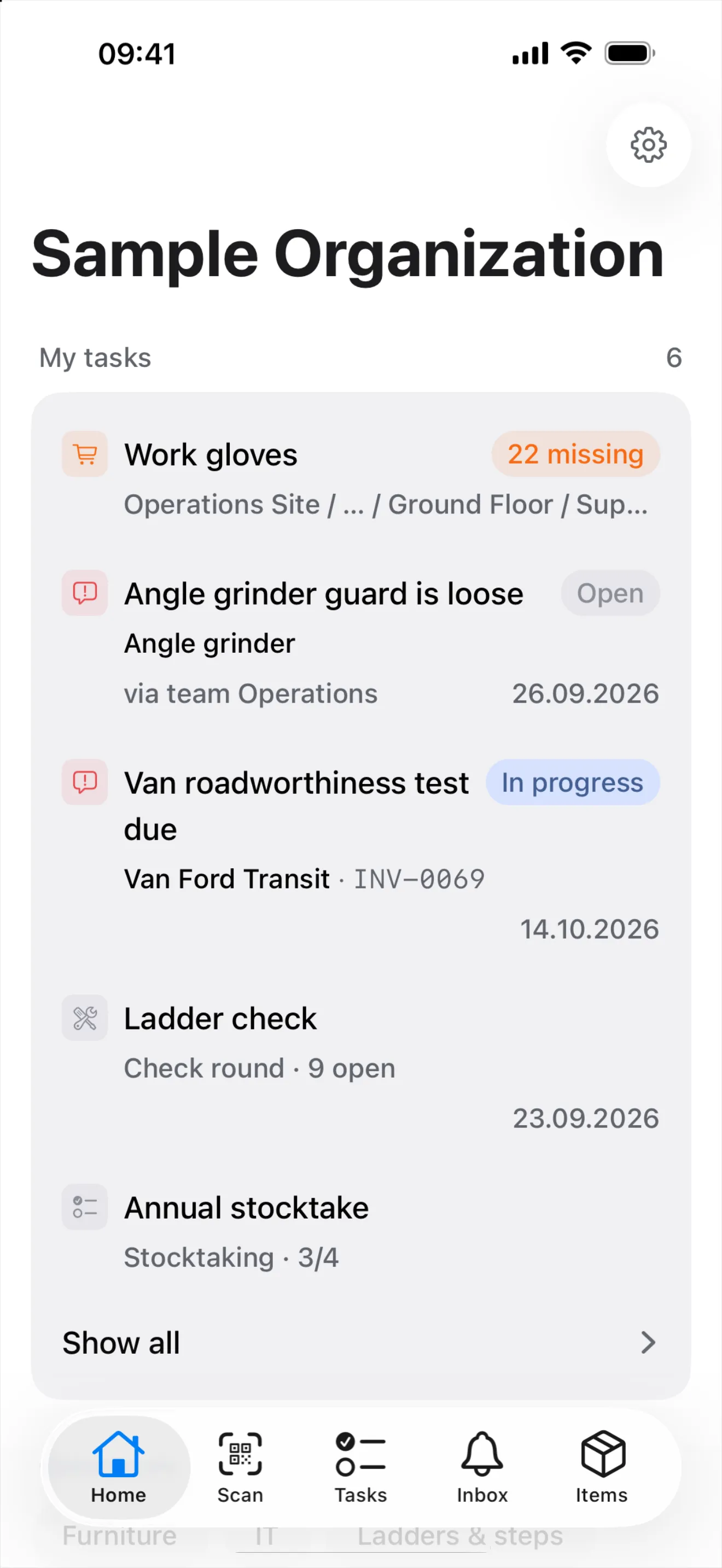 The mobile app's "Home" tab with "My tasks" and the tab bar Home, Scan, Tasks, Inbox, Items
