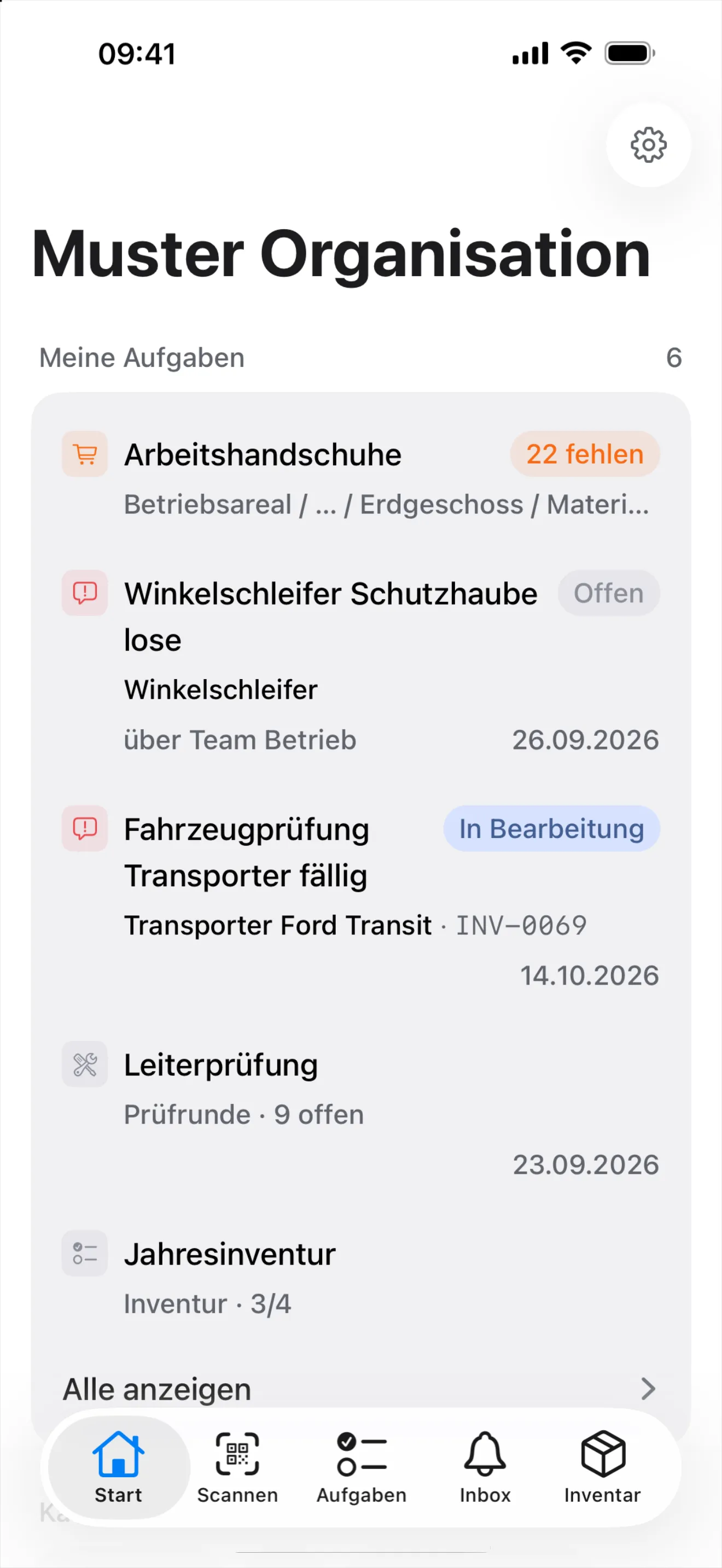 Der Tab «Start» der Mobile App mit «Meine Aufgaben» und der Tab-Leiste Start, Scannen, Aufgaben, Inbox, Inventar