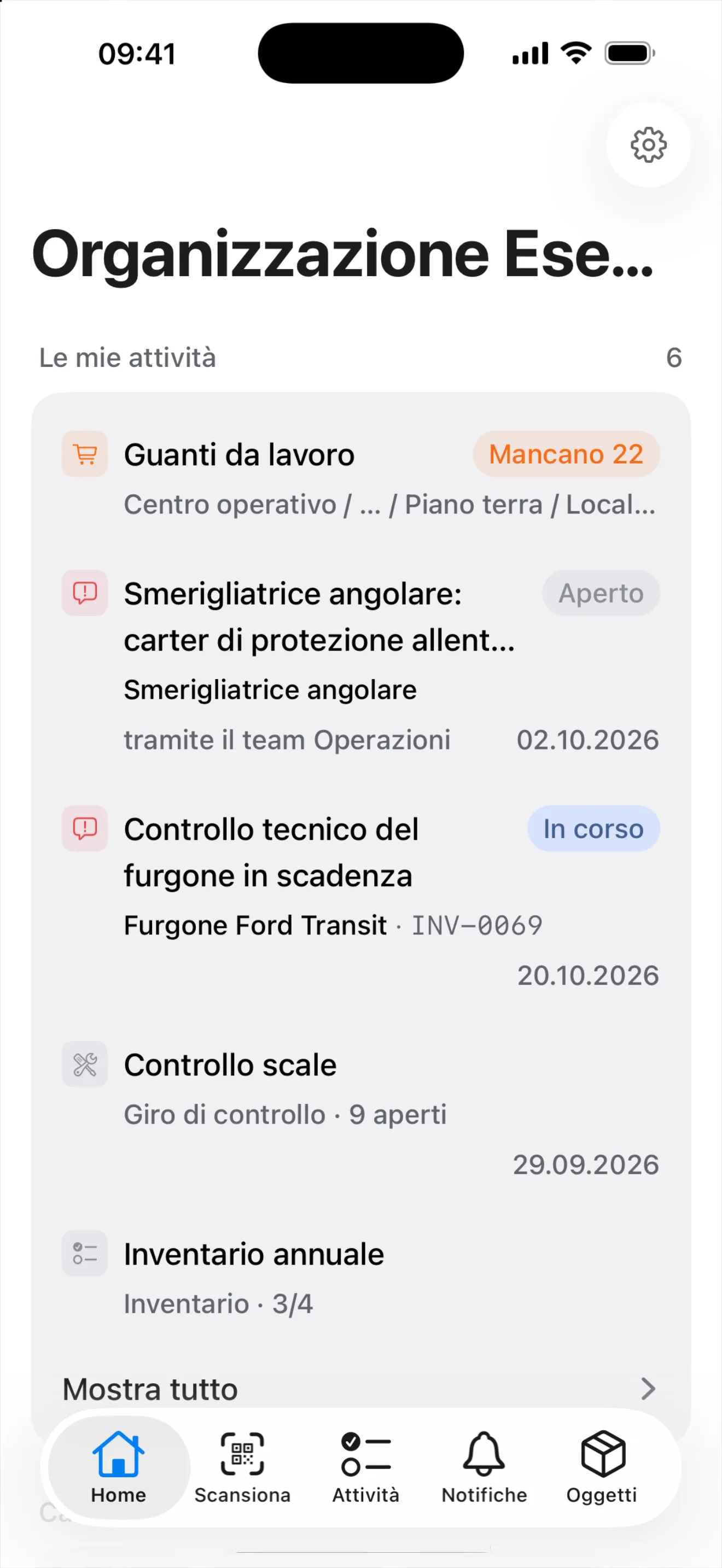 La scheda «Home» dell'app mobile con «Le mie attività» e la barra delle schede Home, Scansiona, Attività, Notifiche, Oggetti