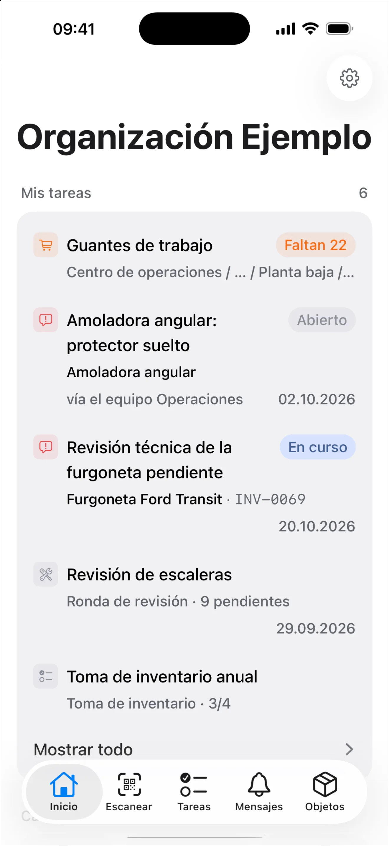 La pestaña «Inicio» de la aplicación móvil con «Mis tareas» y la barra de pestañas Inicio, Escanear, Tareas, Mensajes, Objetos