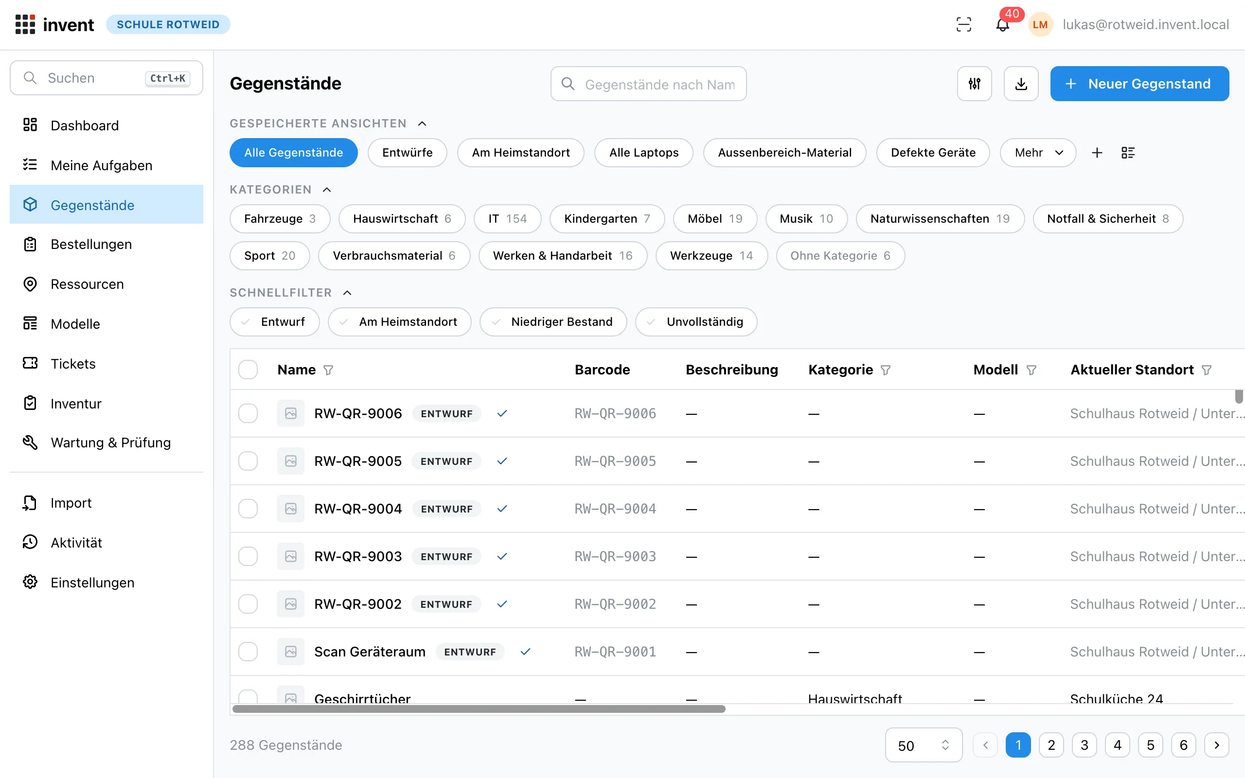 Gegenstände-Tabelle mit Ansichten, Kategorien und Schnellfiltern