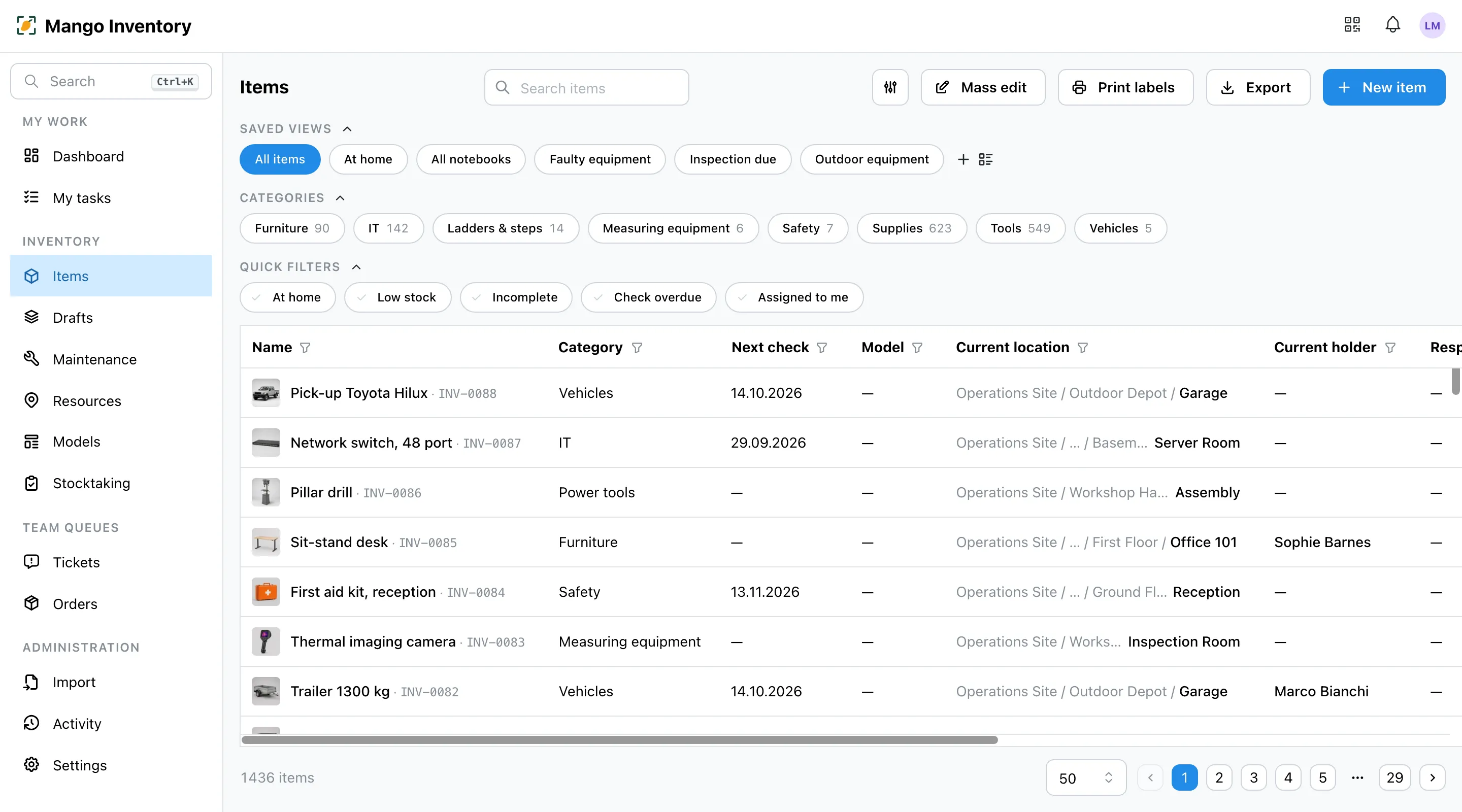 Items table with views, categories and quick filters