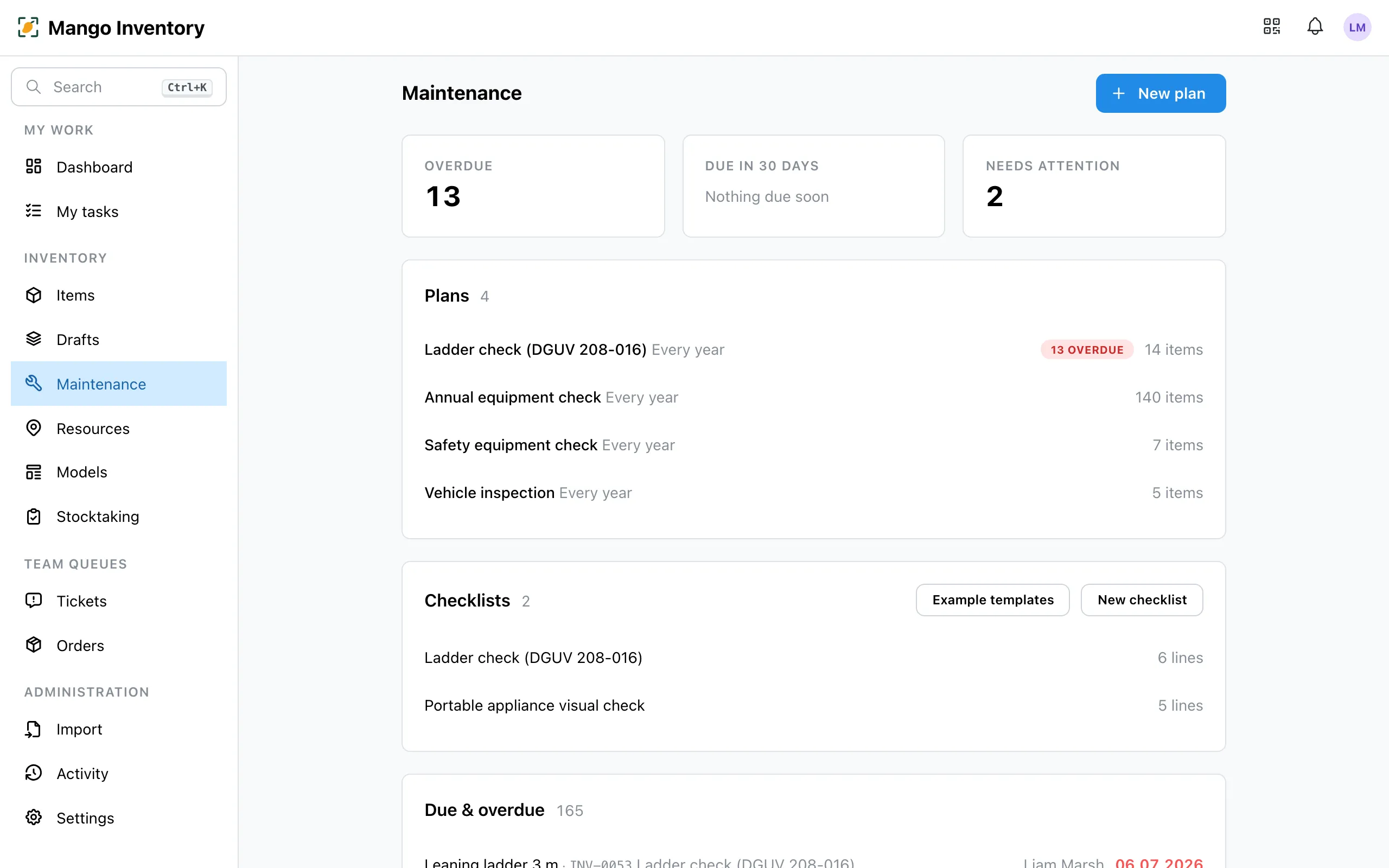 Maintenance overview with due dates and coverage