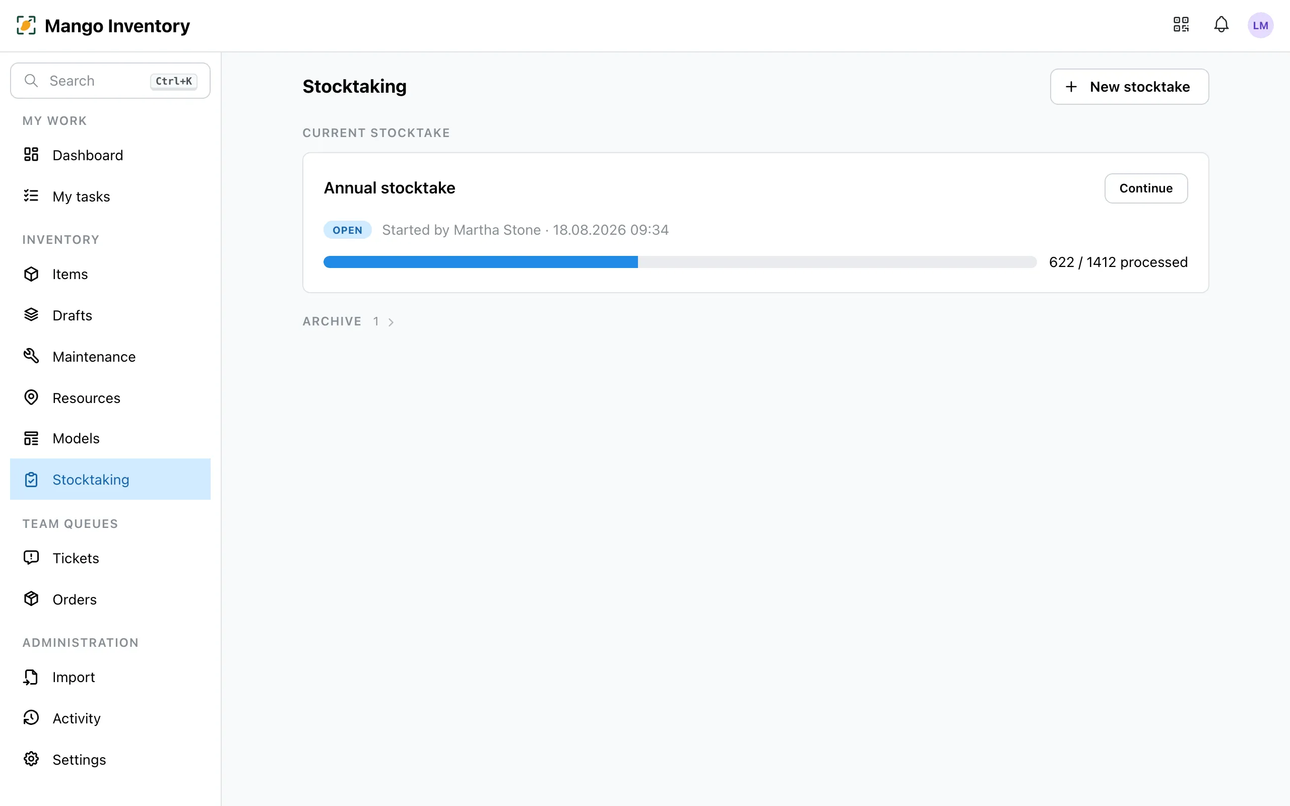 Stocktaking overview with current stocktake and archive
