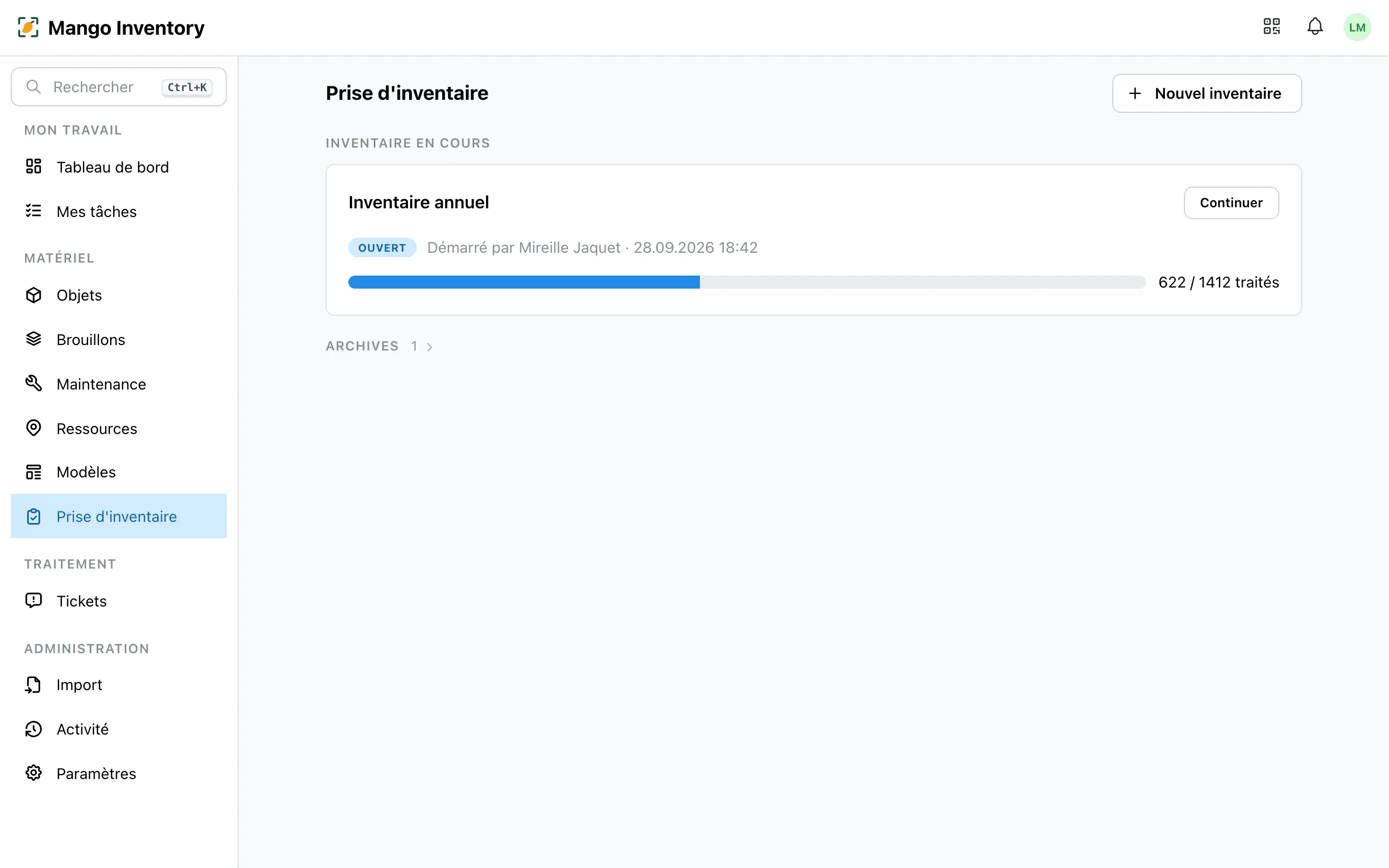 Vue d'ensemble de la prise d'inventaire avec l'inventaire en cours et les archives