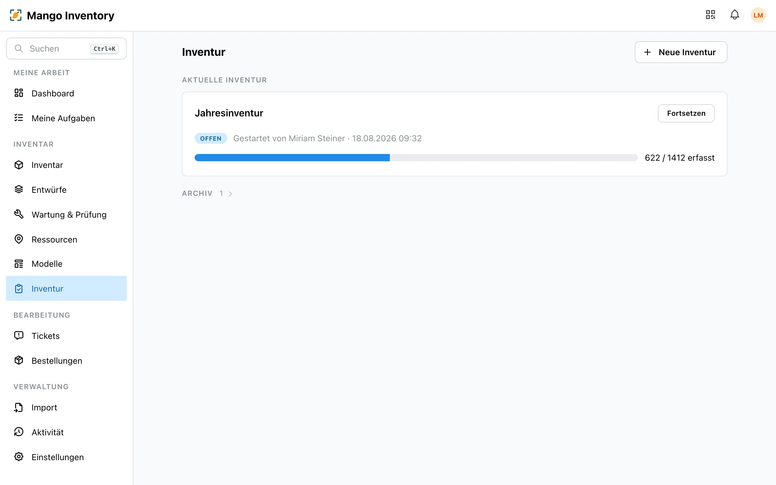 Inventur-Übersicht mit aktueller Inventur und Archiv